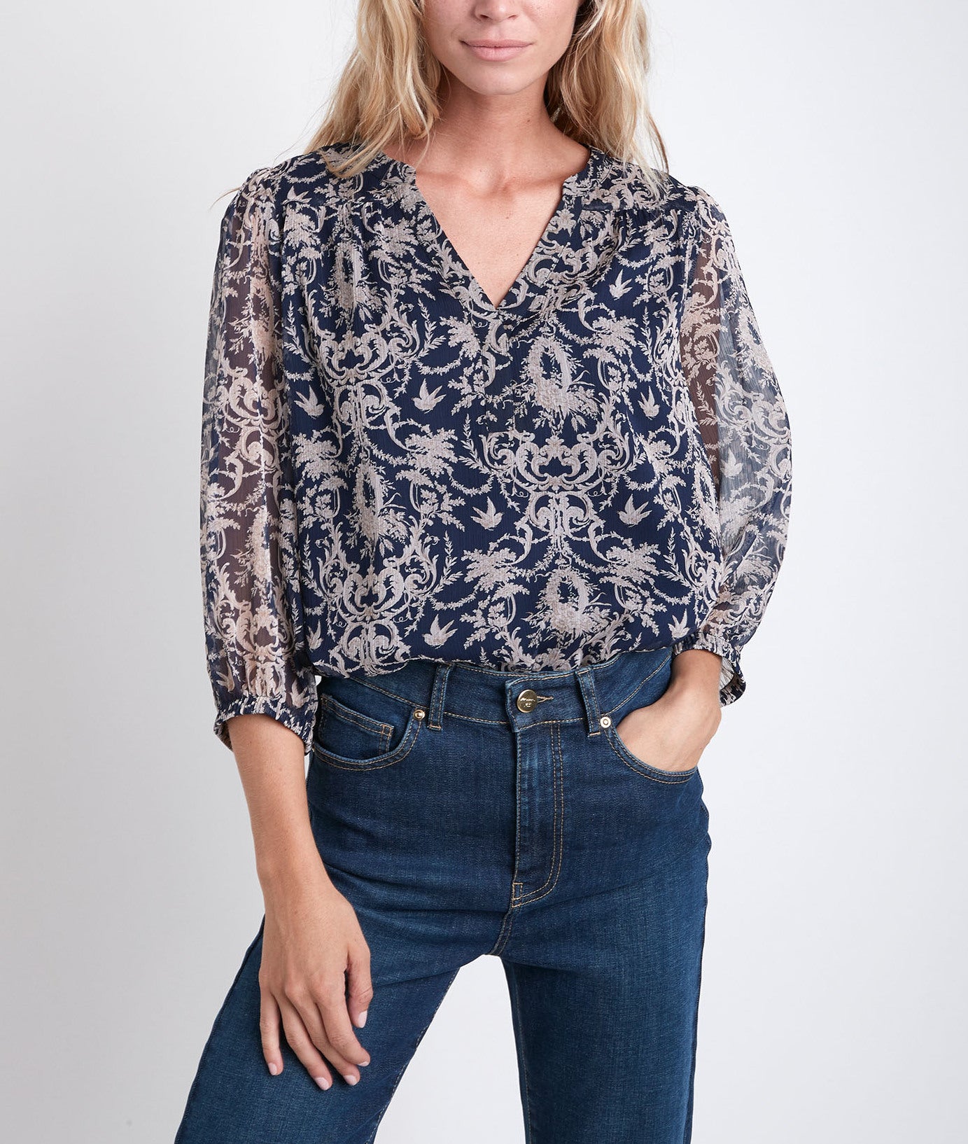 Blouse marine imprimée Elsa Faume - seconde main