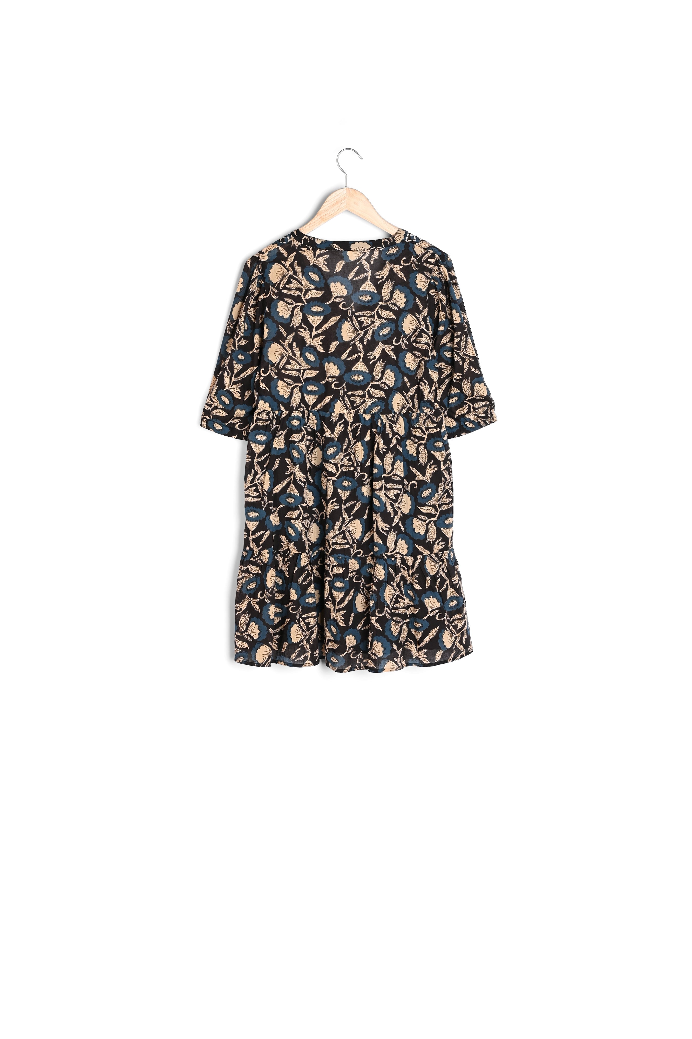 Robe courte en coton imprimé beige, bleu et noir Madeleine Faume - seconde main