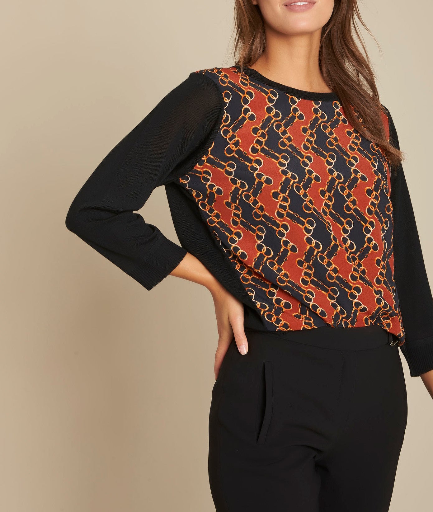 Pull bimatière imprimé chaine Fanon Faume - seconde main