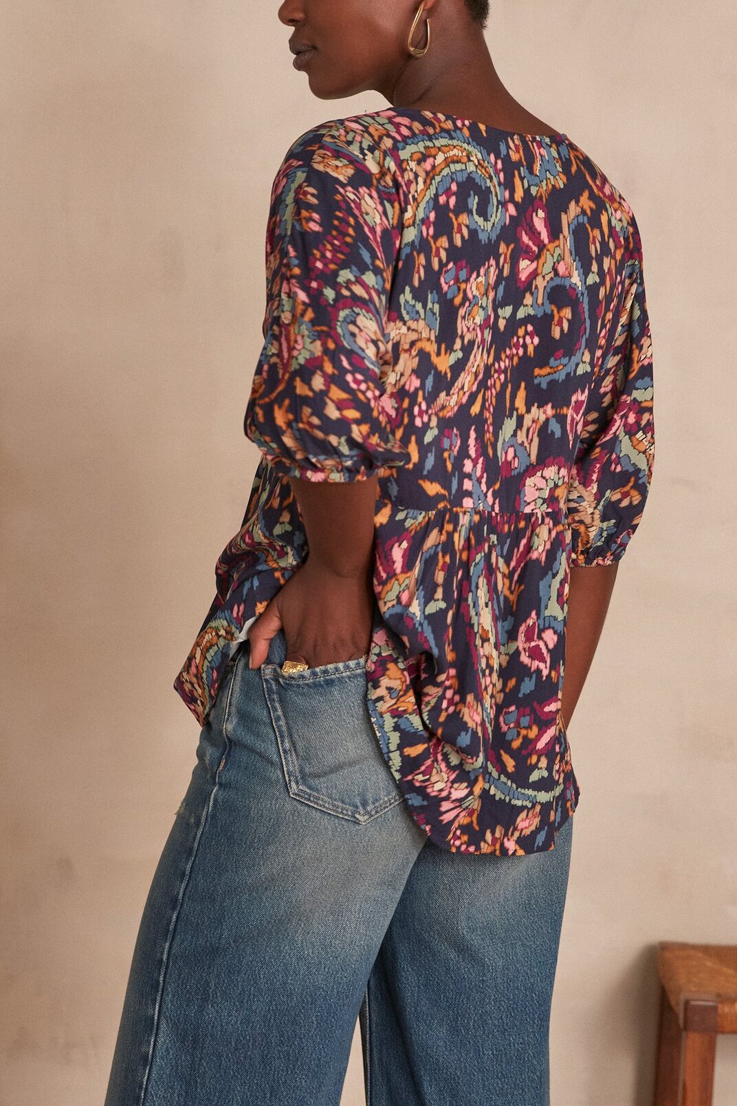 Blouse bimatière à col V Genna Faume - seconde main