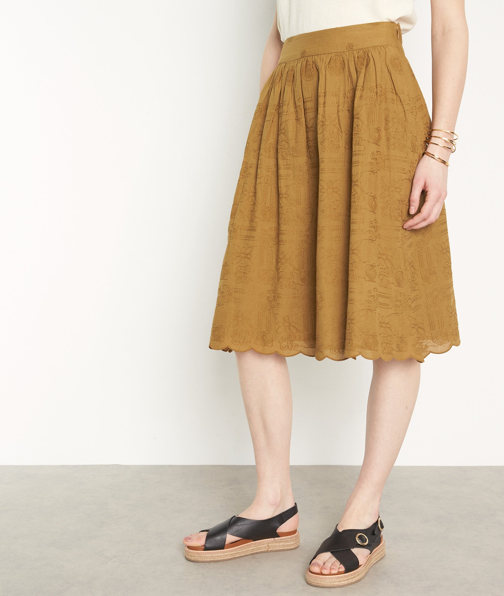 Jupe midi en coton brodée bronze Desideria Faume - seconde main