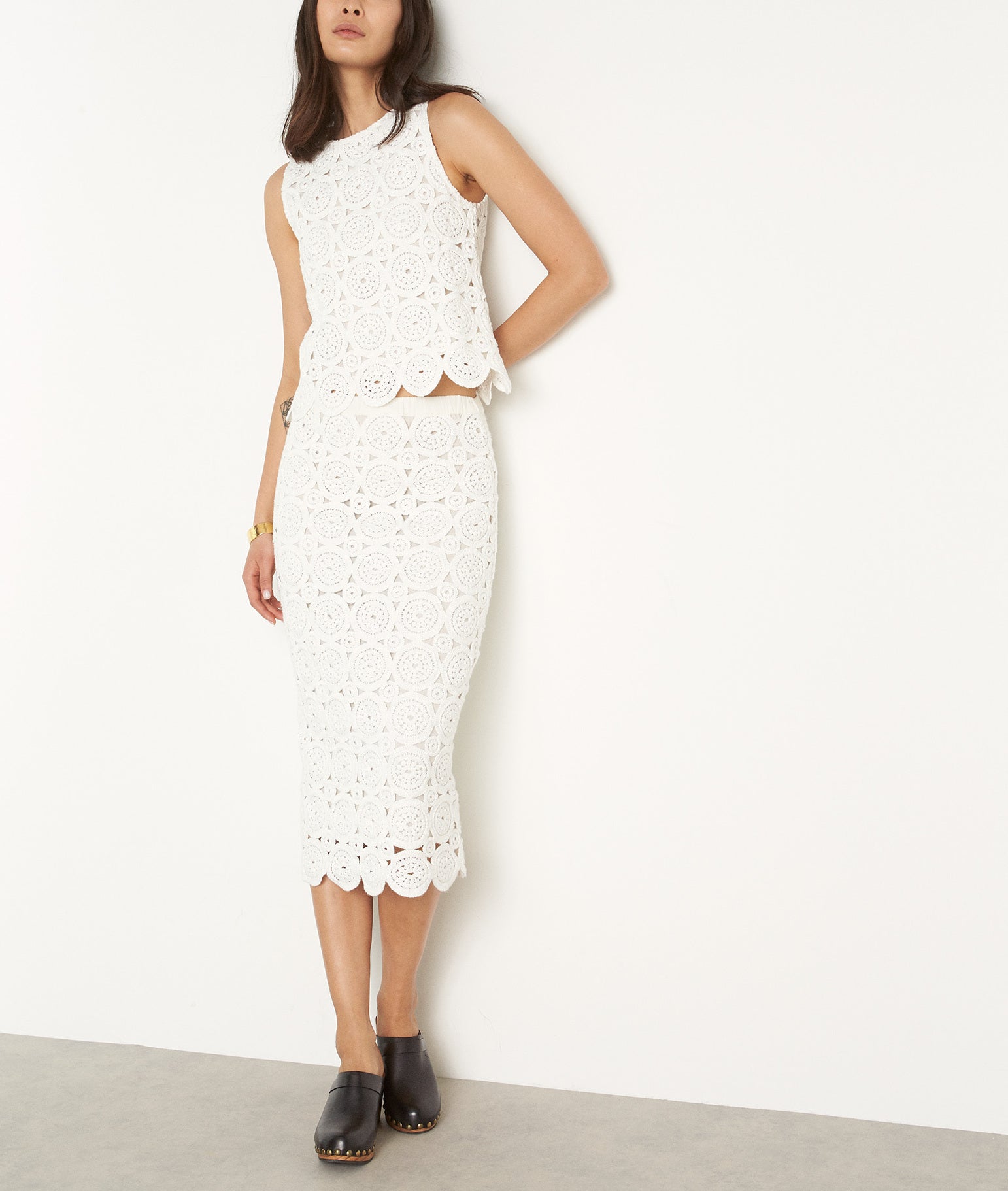 Jupe longue en crochet de coton blanc Dalia Faume - seconde main