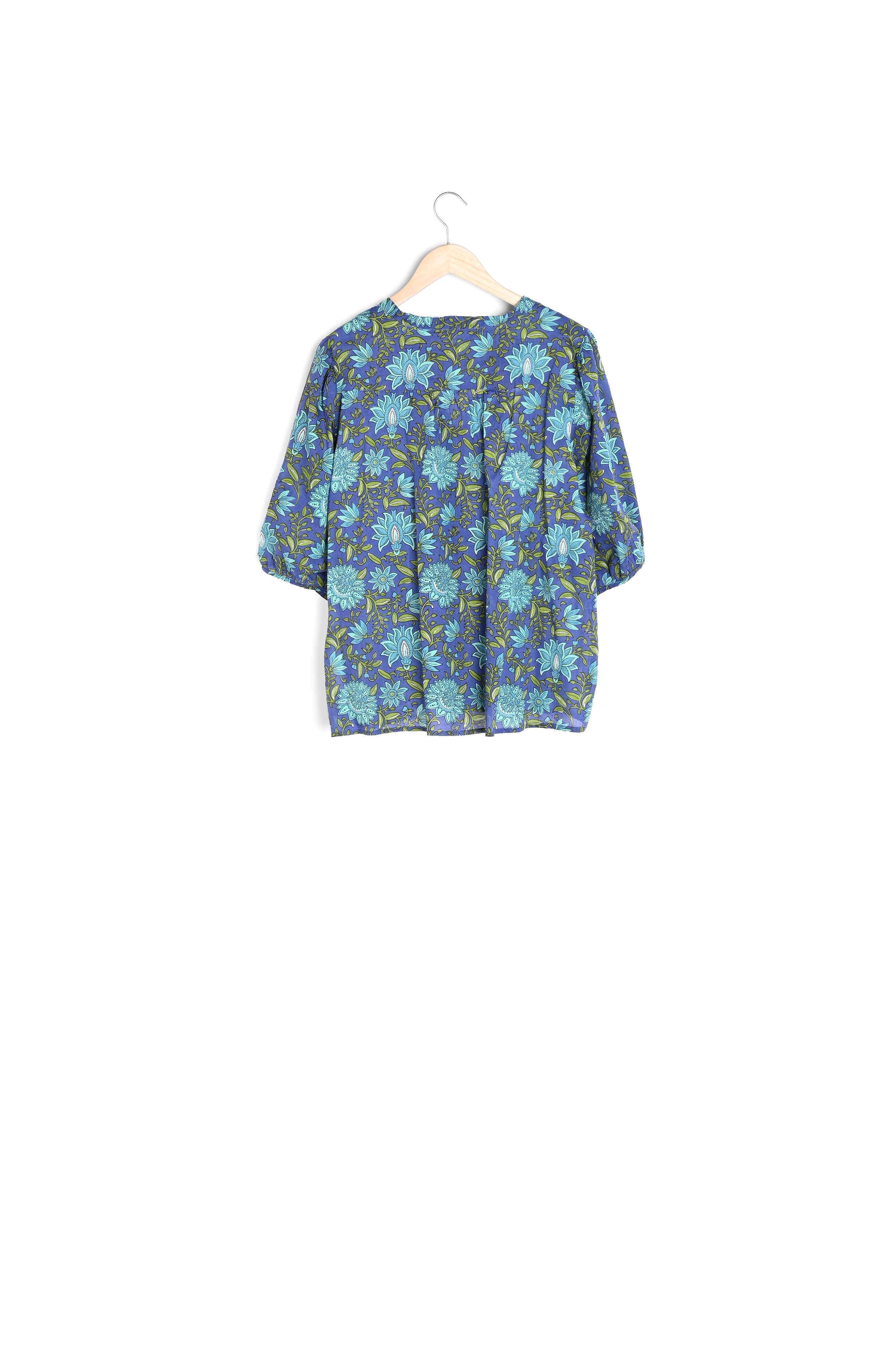 Blouse à manches ballons en coton imprimé bleu Christina Faume - seconde main