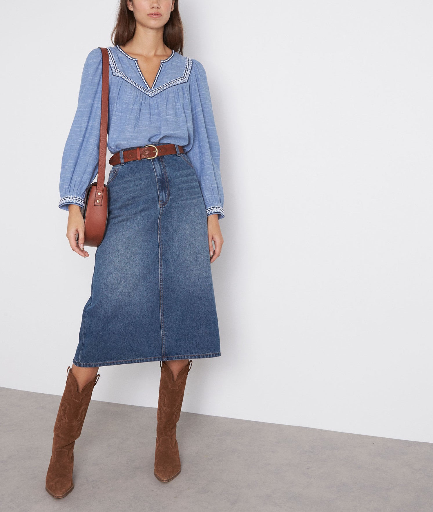 Jupe trapèze midi en denim délavé Dolores Faume - seconde main