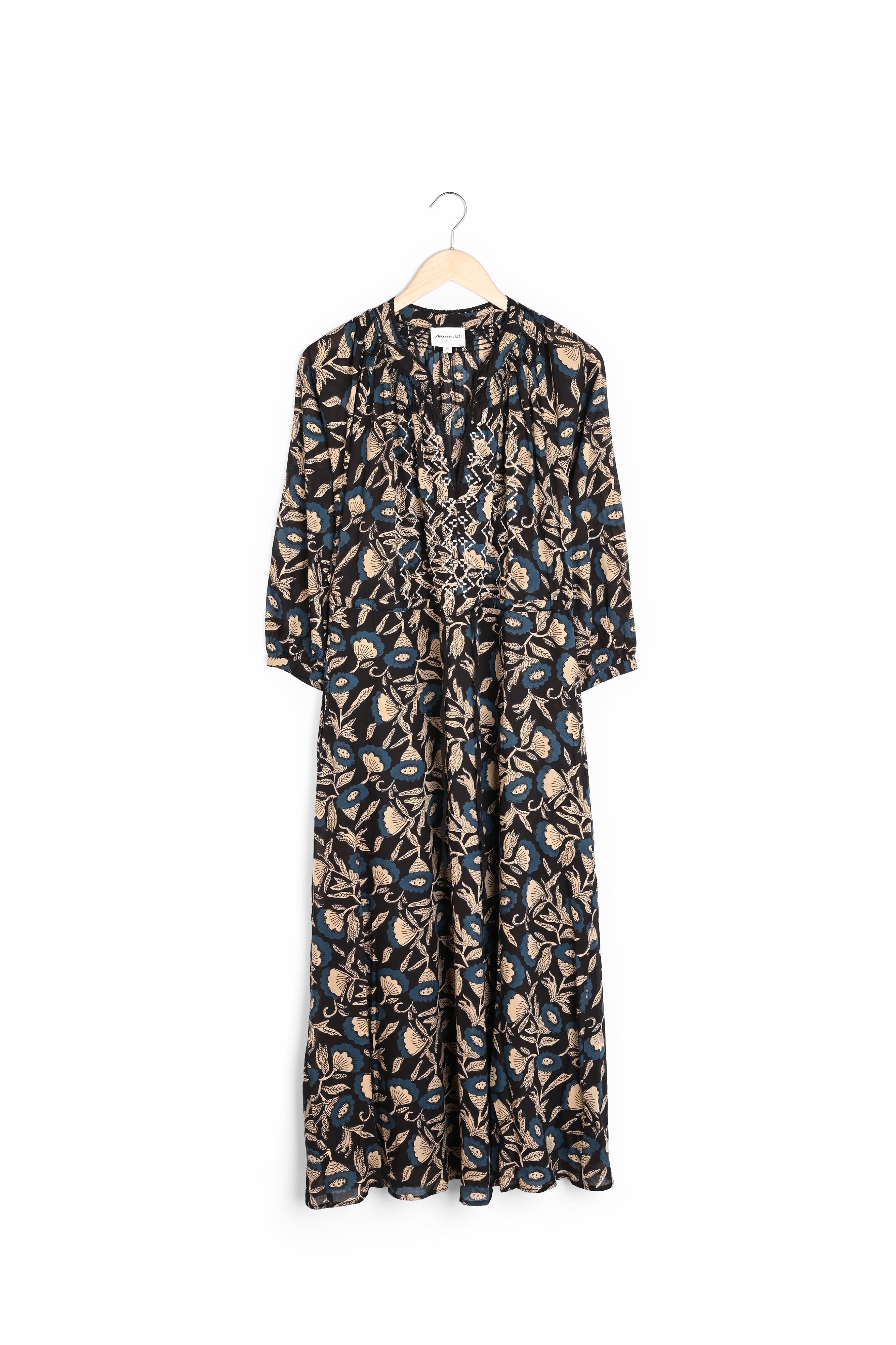 Robe longue en coton imprimé noir Norina Faume - seconde main