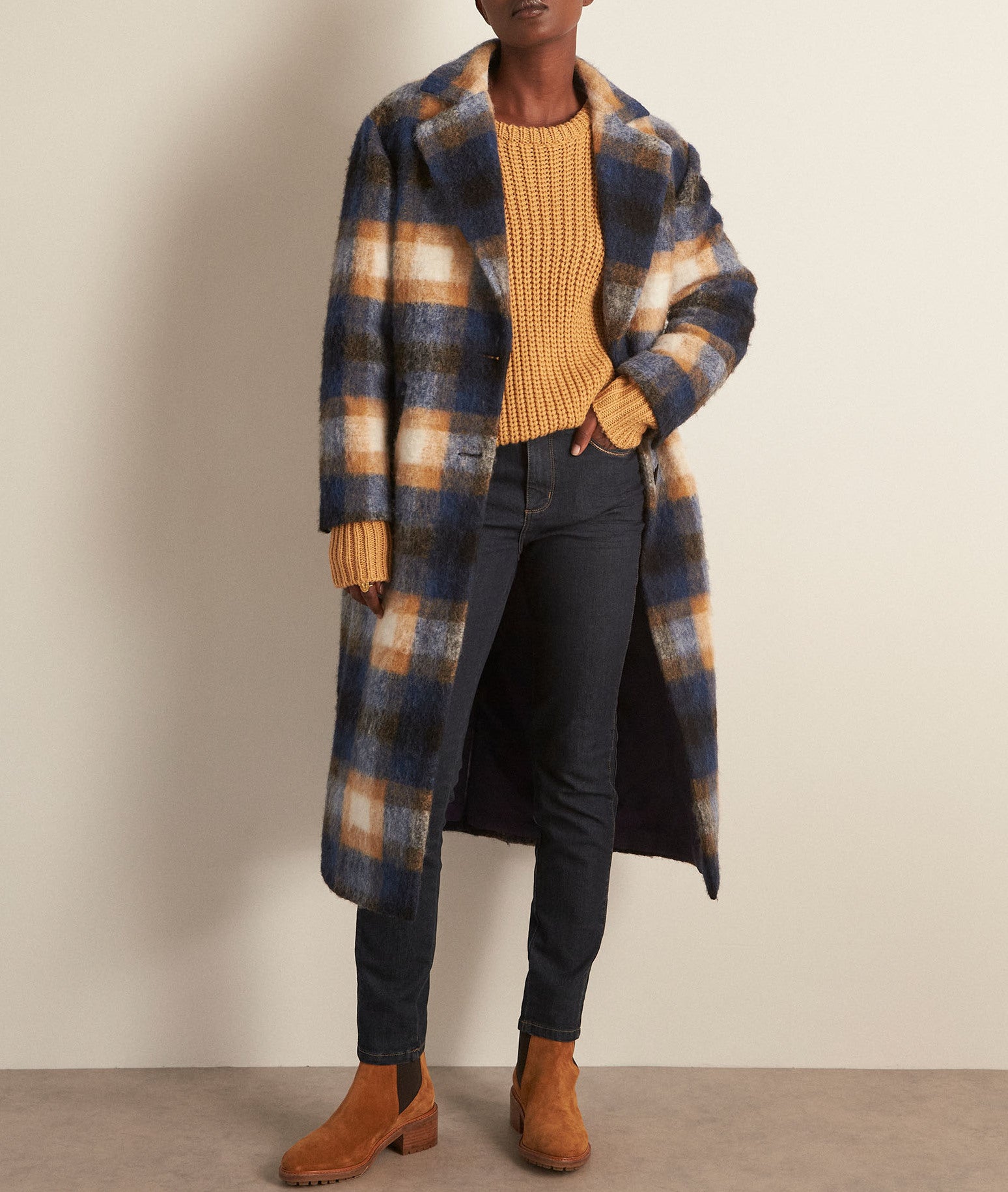 Manteau long à carreaux marine et camel Marilou Faume - seconde main