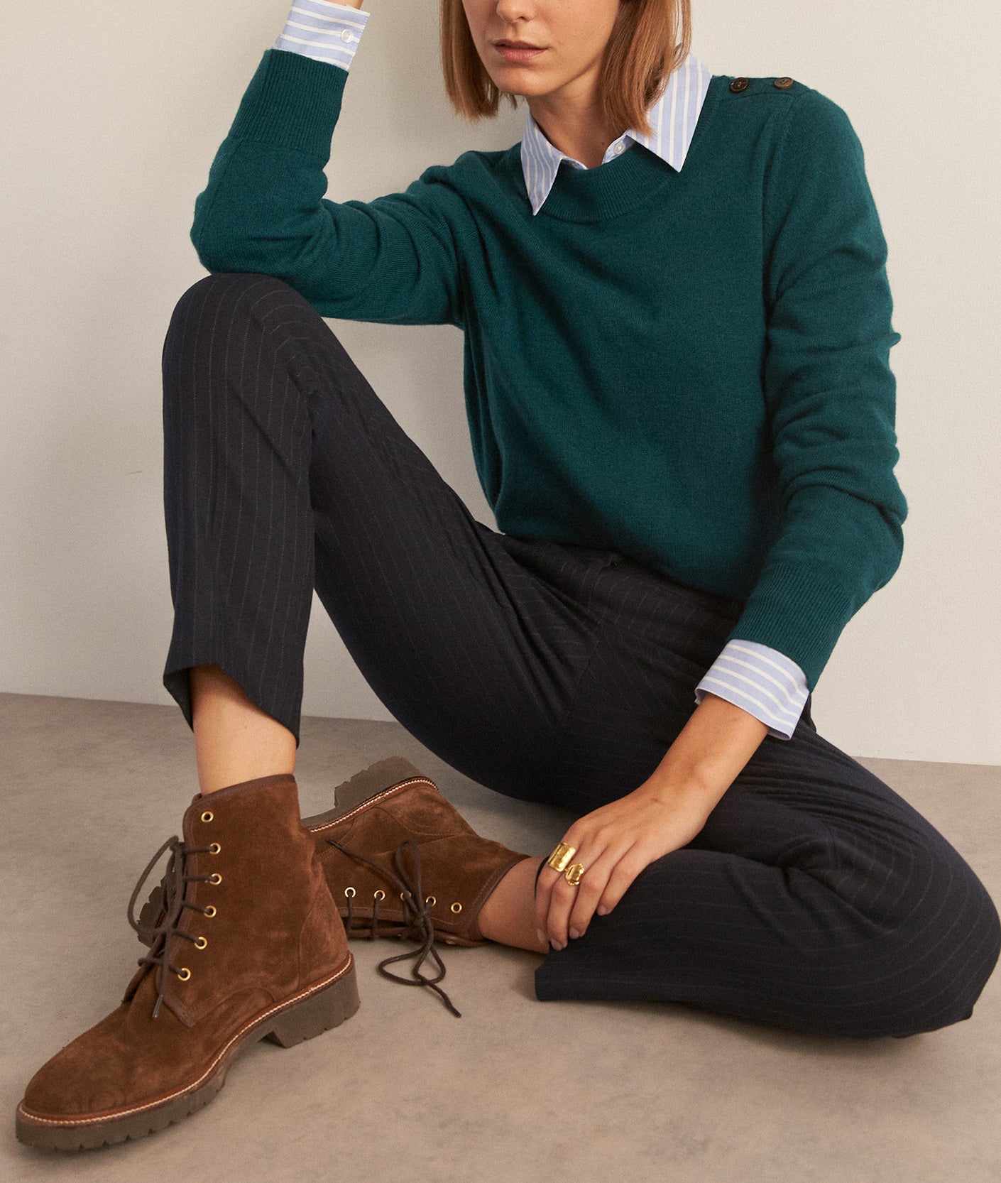 Pull marin en laine responsable et cachemire vert Bixente Faume - seconde main