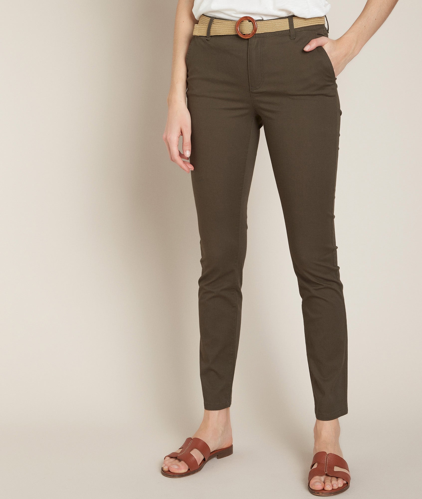 Pantalon chino ceinturé kaki Francis Faume - seconde main