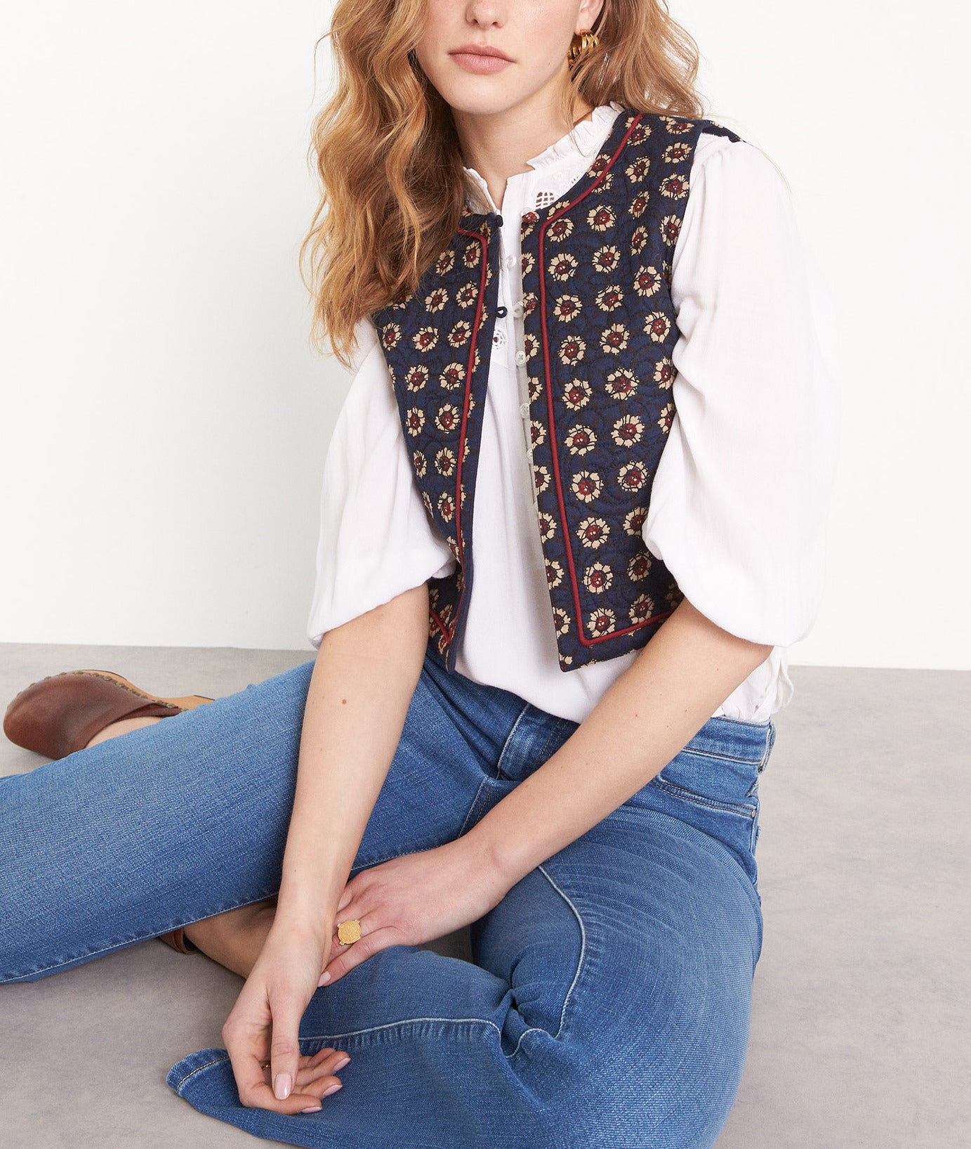 Boléro sans manches imprimé en coton encre Angela Faume - seconde main