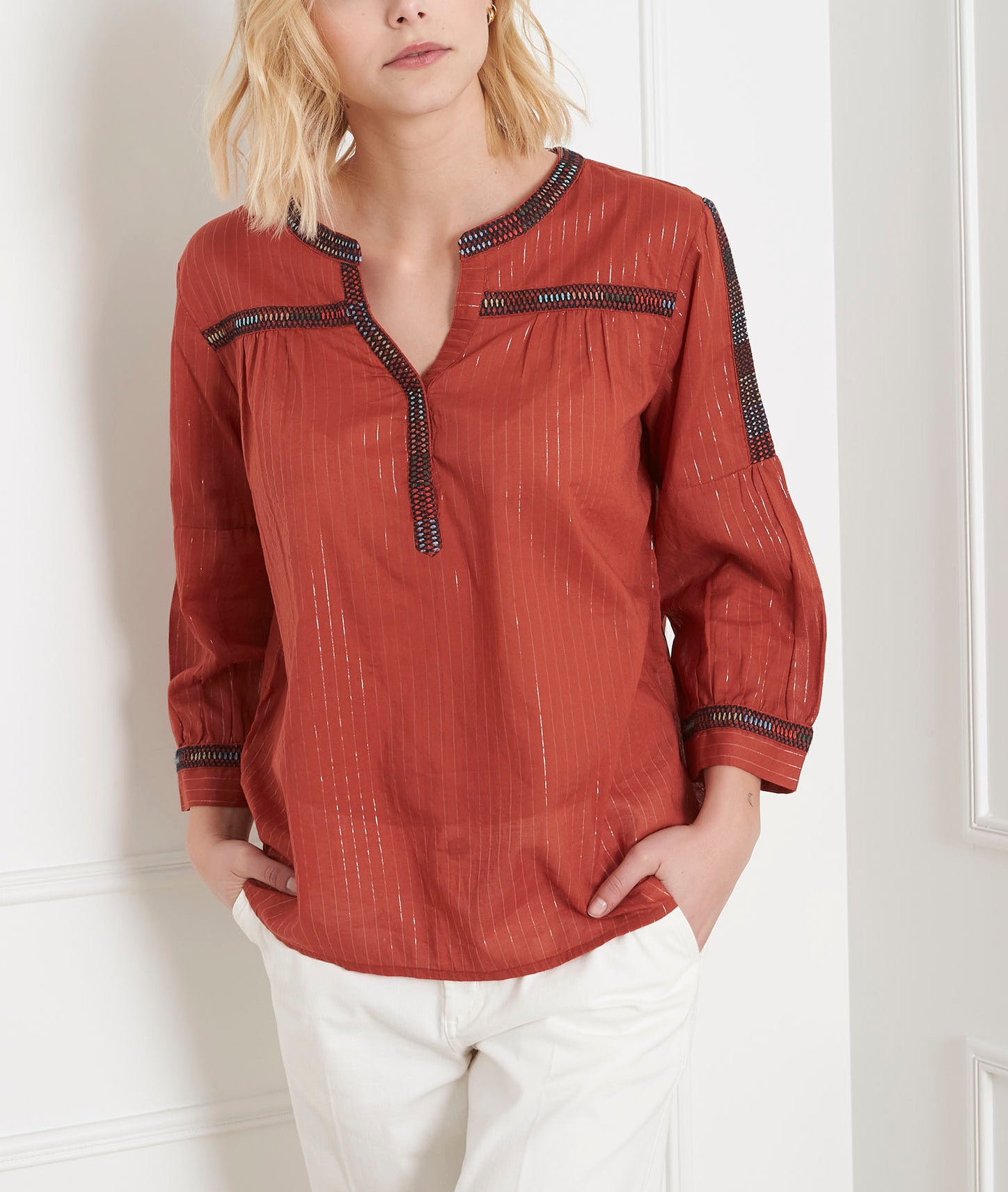 Blouse acajou brodée ethnique Varan Faume - seconde main