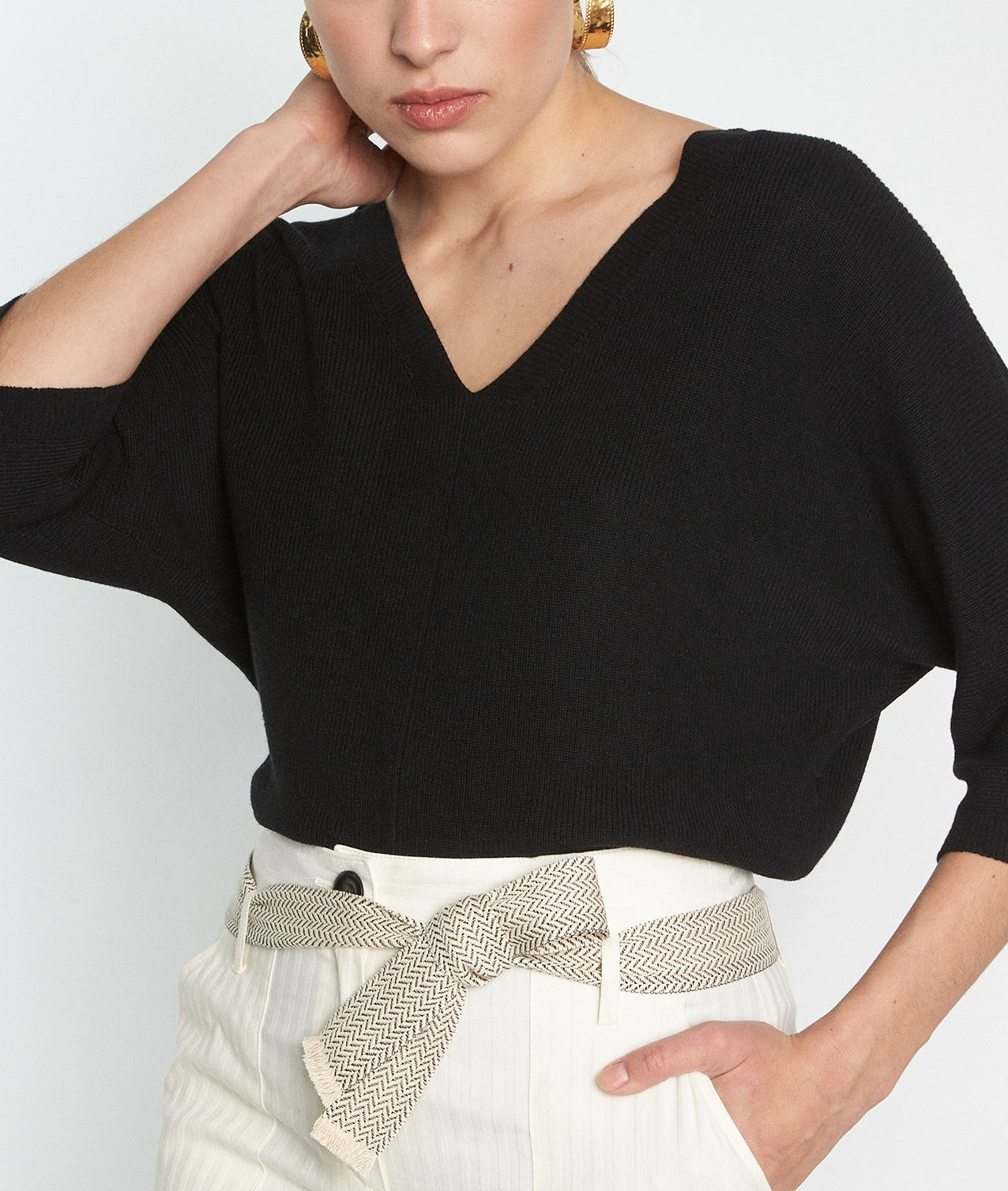 Pull col V en Lyocell Tencel, coton et lin noir Paj Faume - seconde main