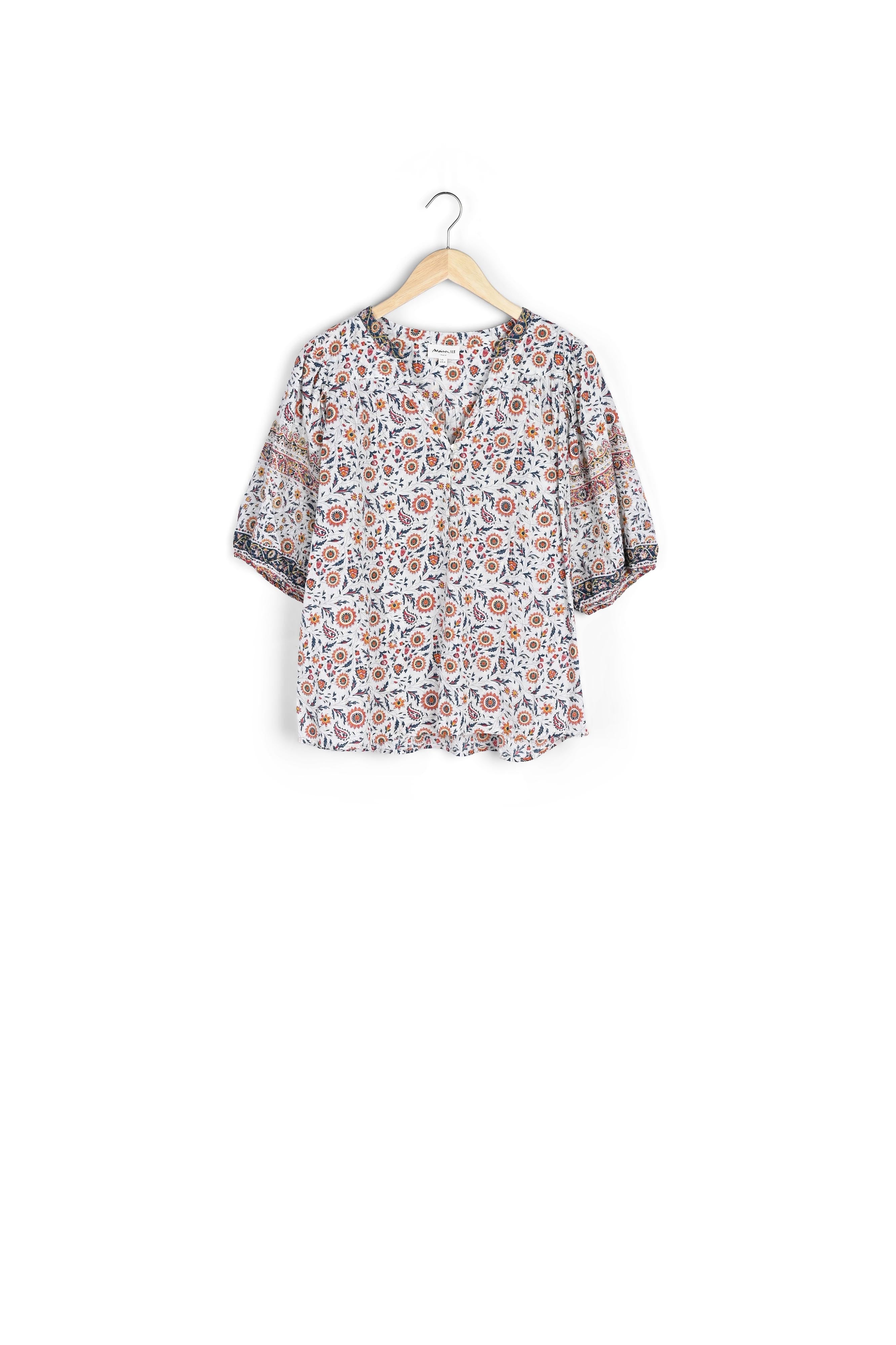 Blouse à manches ballons en coton imprimé rose et blanc Connie Faume - seconde main