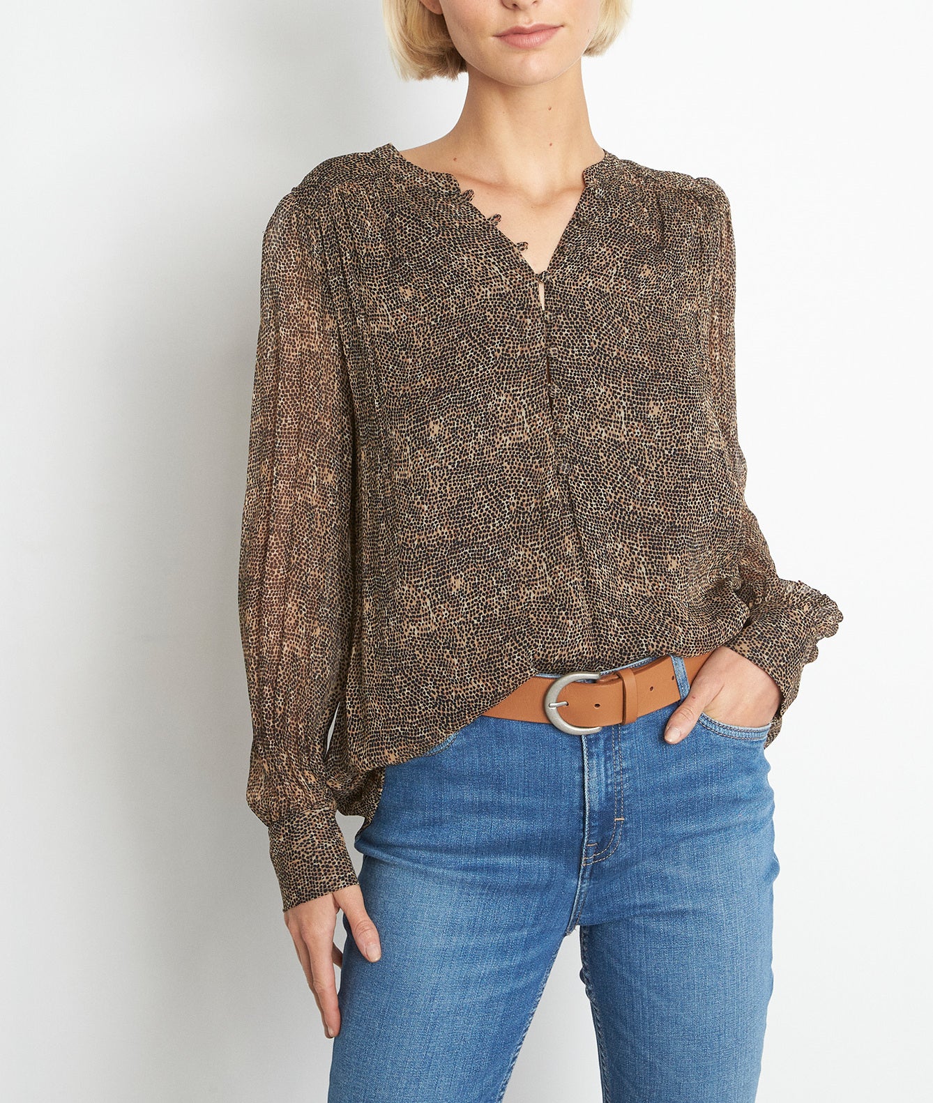 Blouse fluide imprimée noir et camel Anais Faume - seconde main