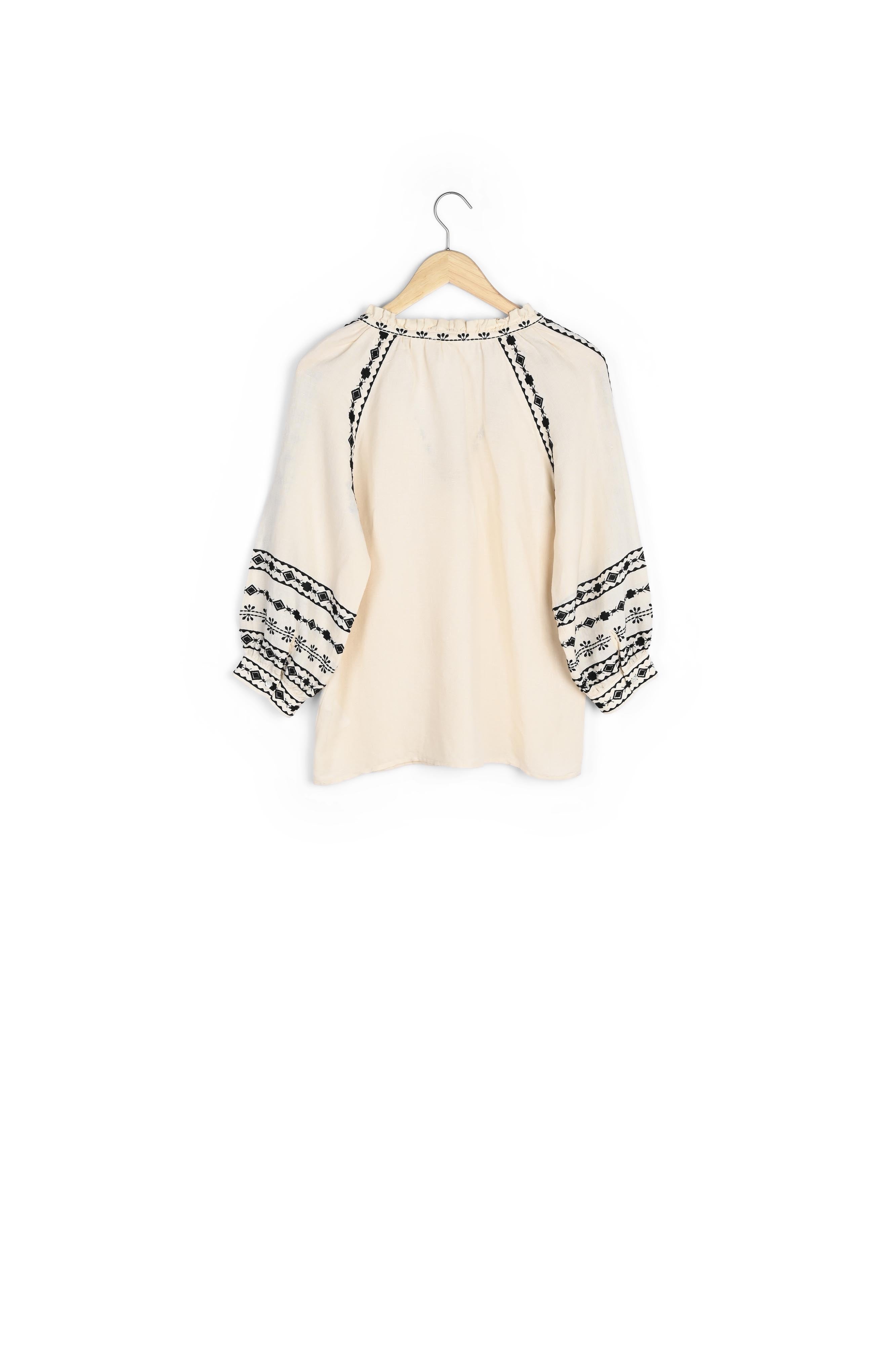 Blouse brodée en lin crème et noire Laura Faume - seconde main