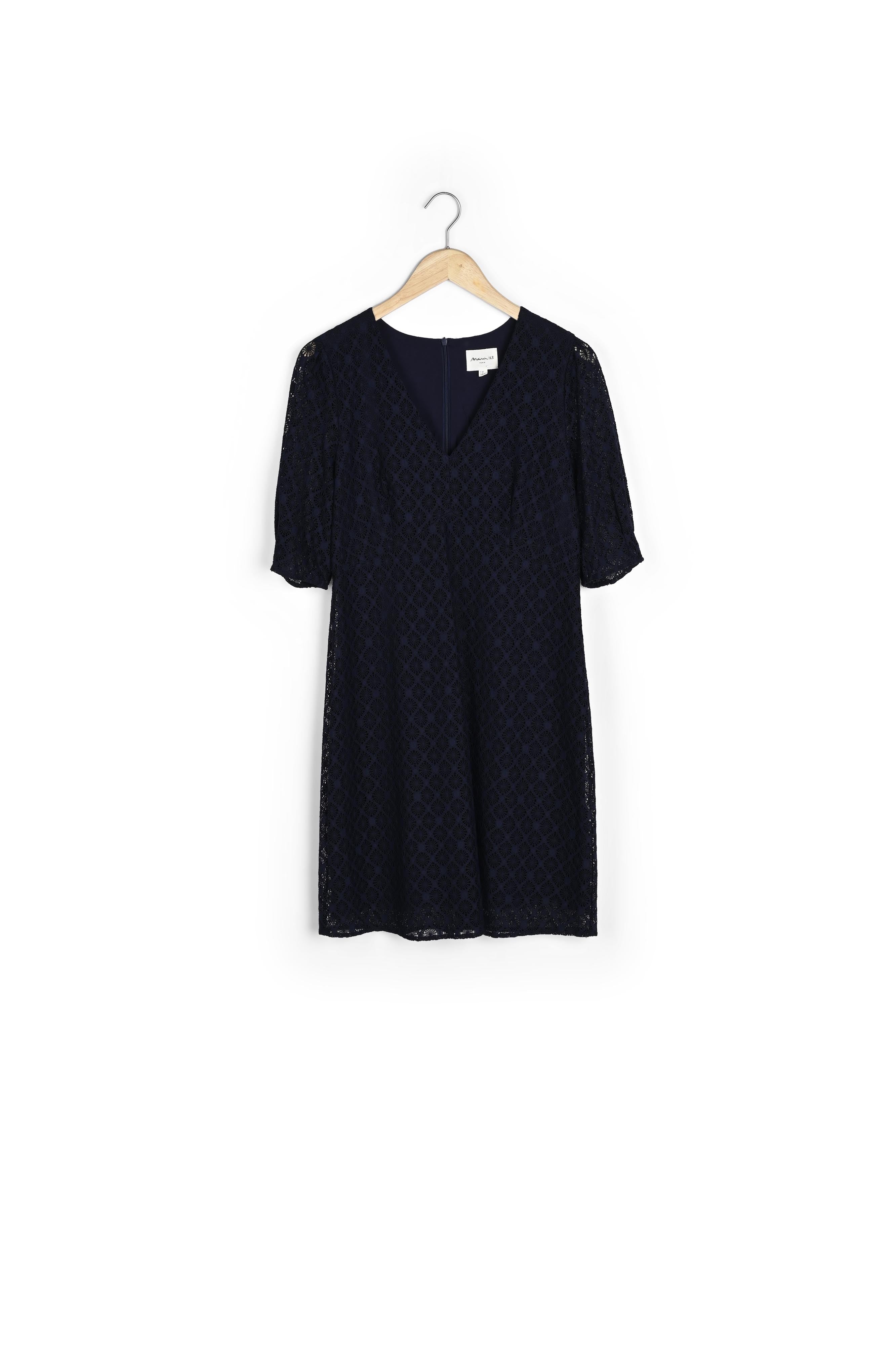 Robe droite à manches ballon en dentelle marine Sacha Faume - seconde main