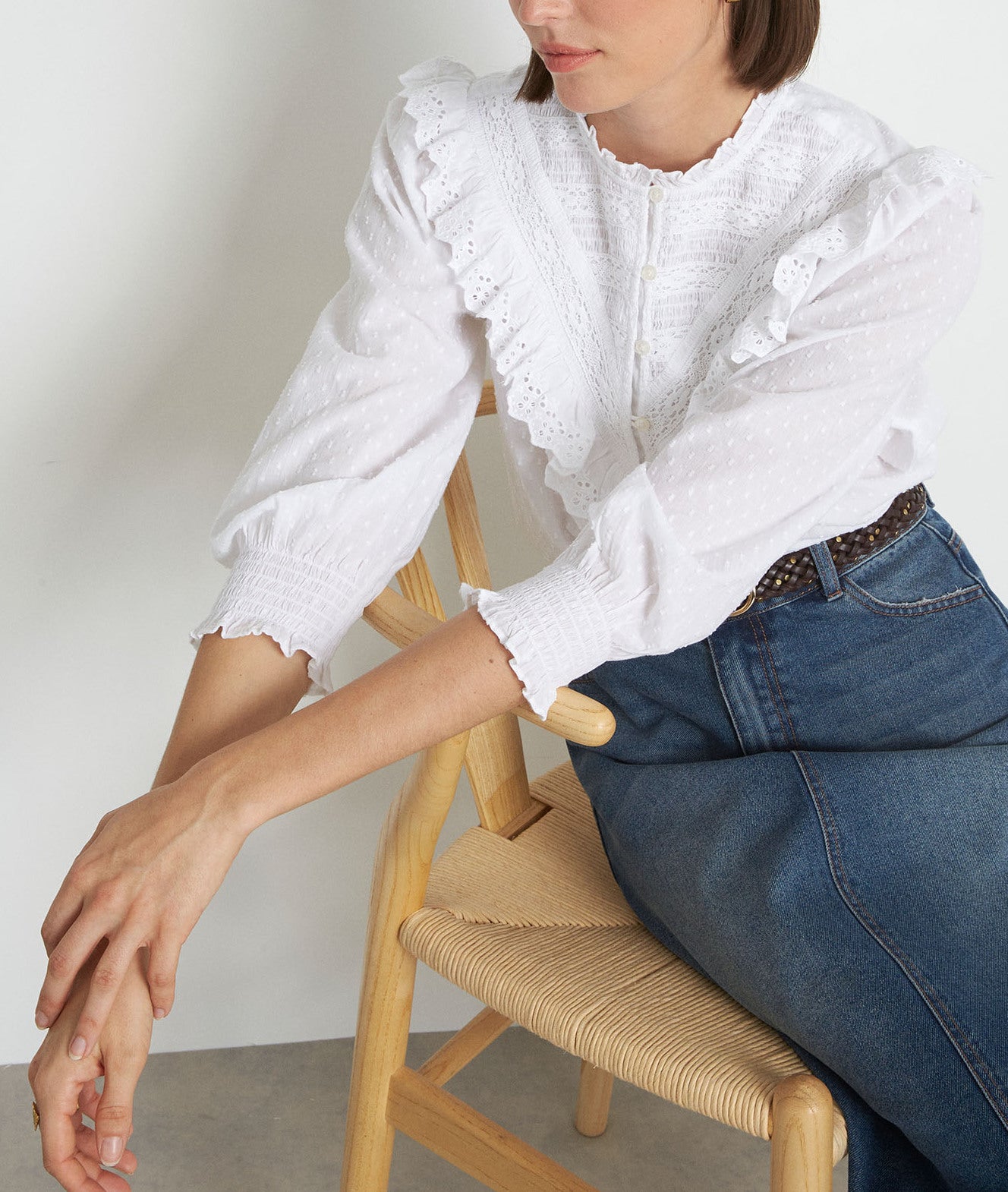 Blouse romantique en coton brodé blanc Leonor Faume - seconde main