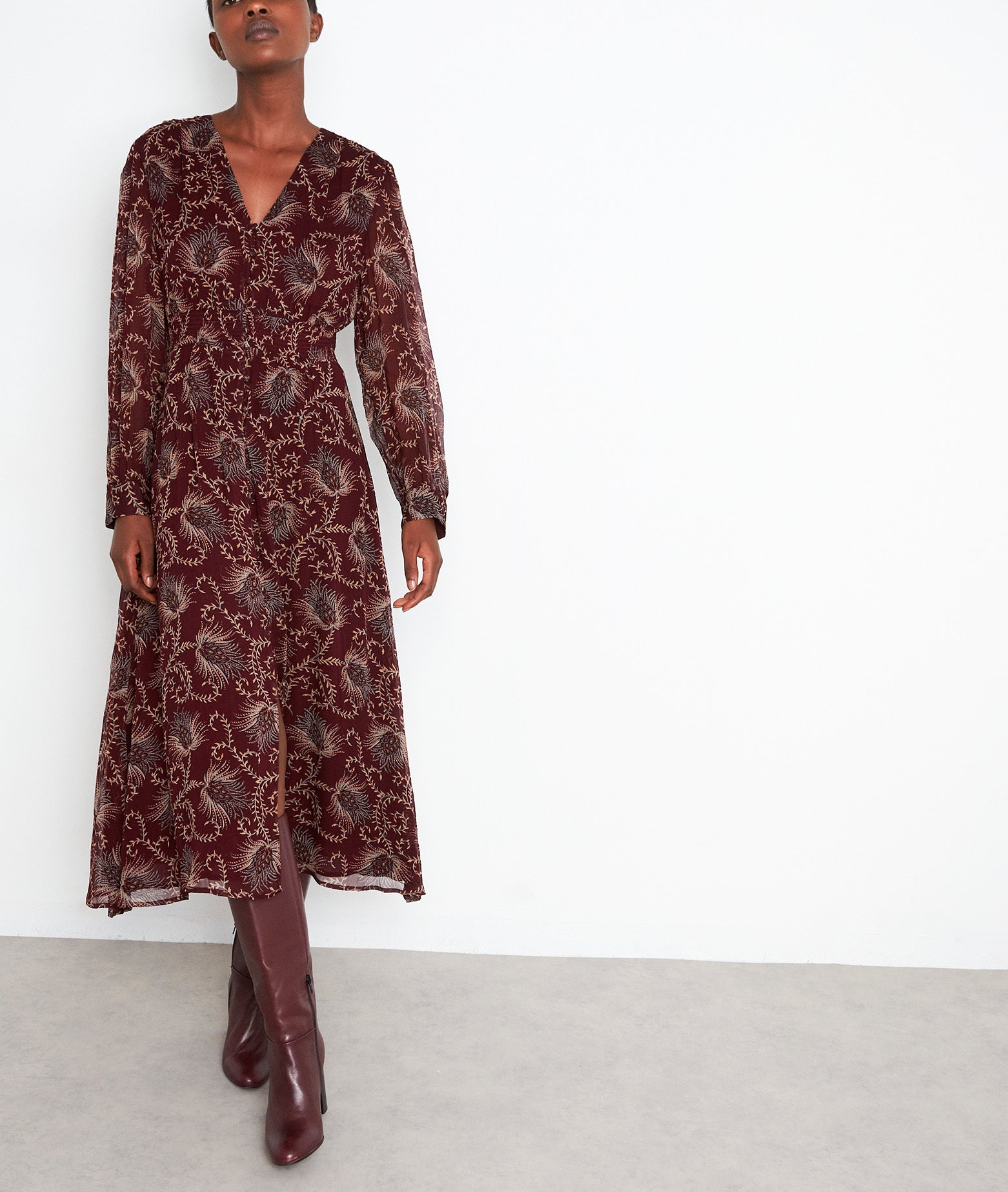 Robe mi-longue imprimée bordeaux Stecy Faume - seconde main