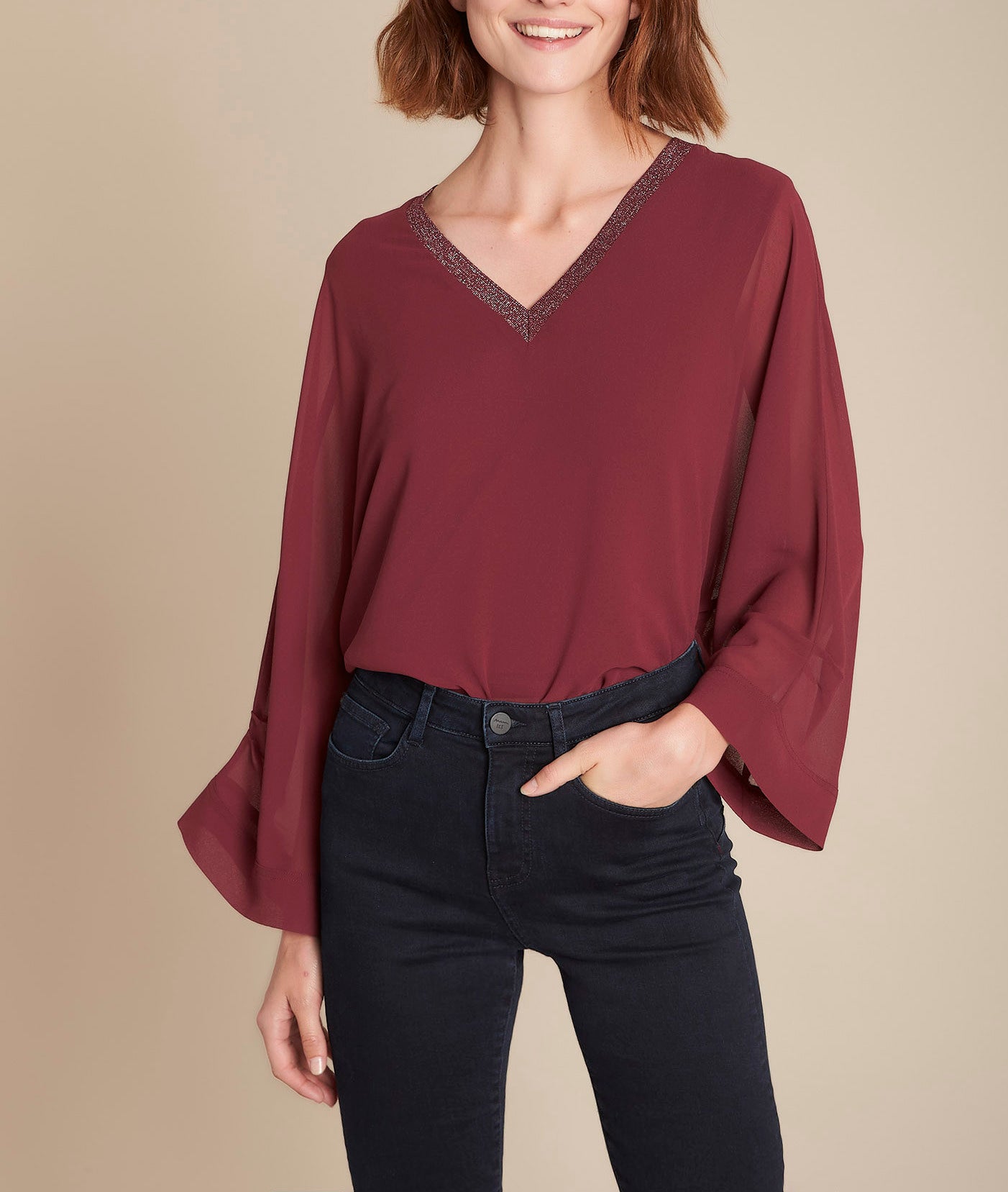 Blouse grenat col V brillant Mara Faume - seconde main