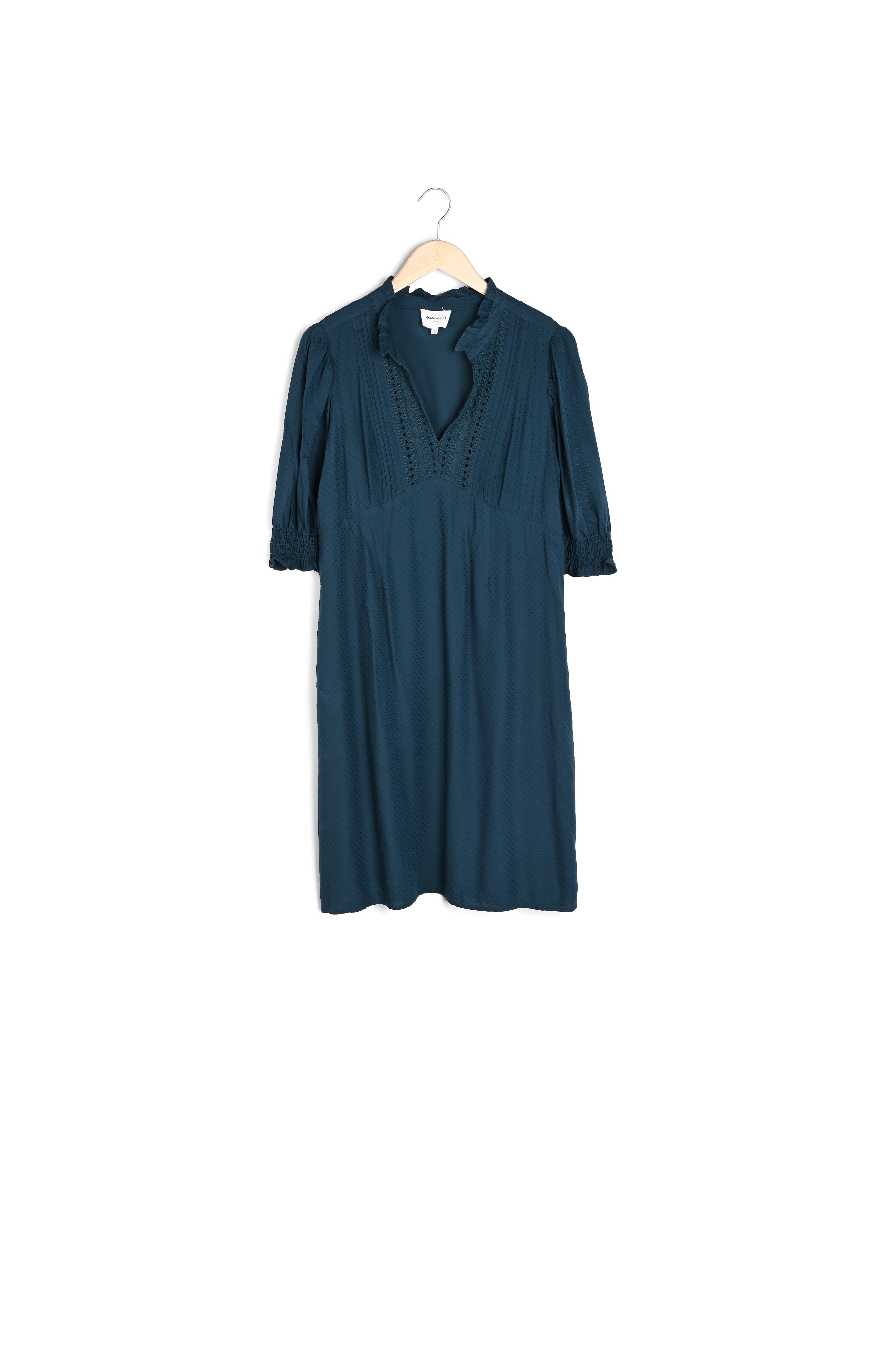 Robe élégante à manches ballon et broderies verte Sorelle Faume - seconde main