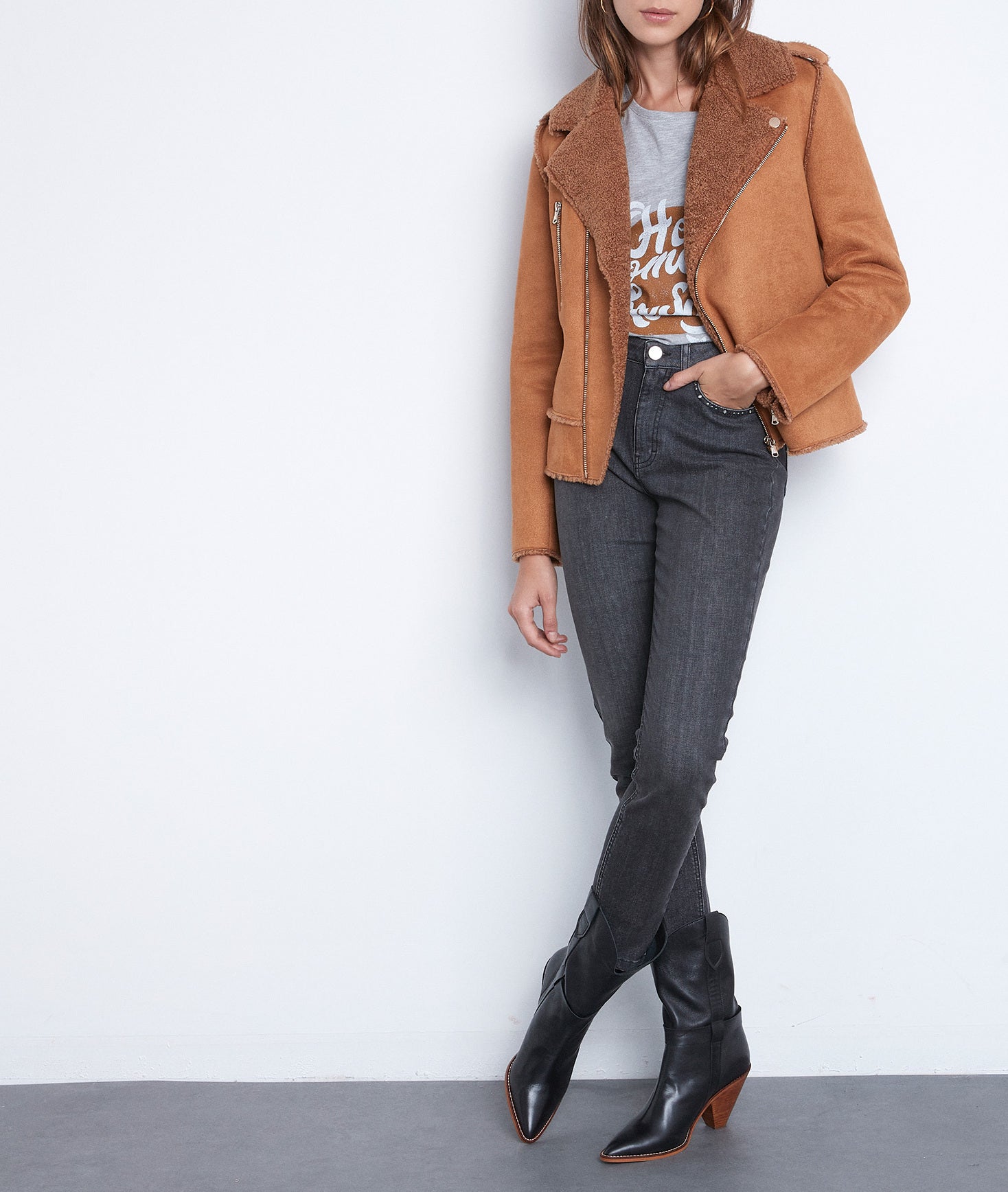 Blouson en fausse peau lainée camel Tommy Faume - seconde main