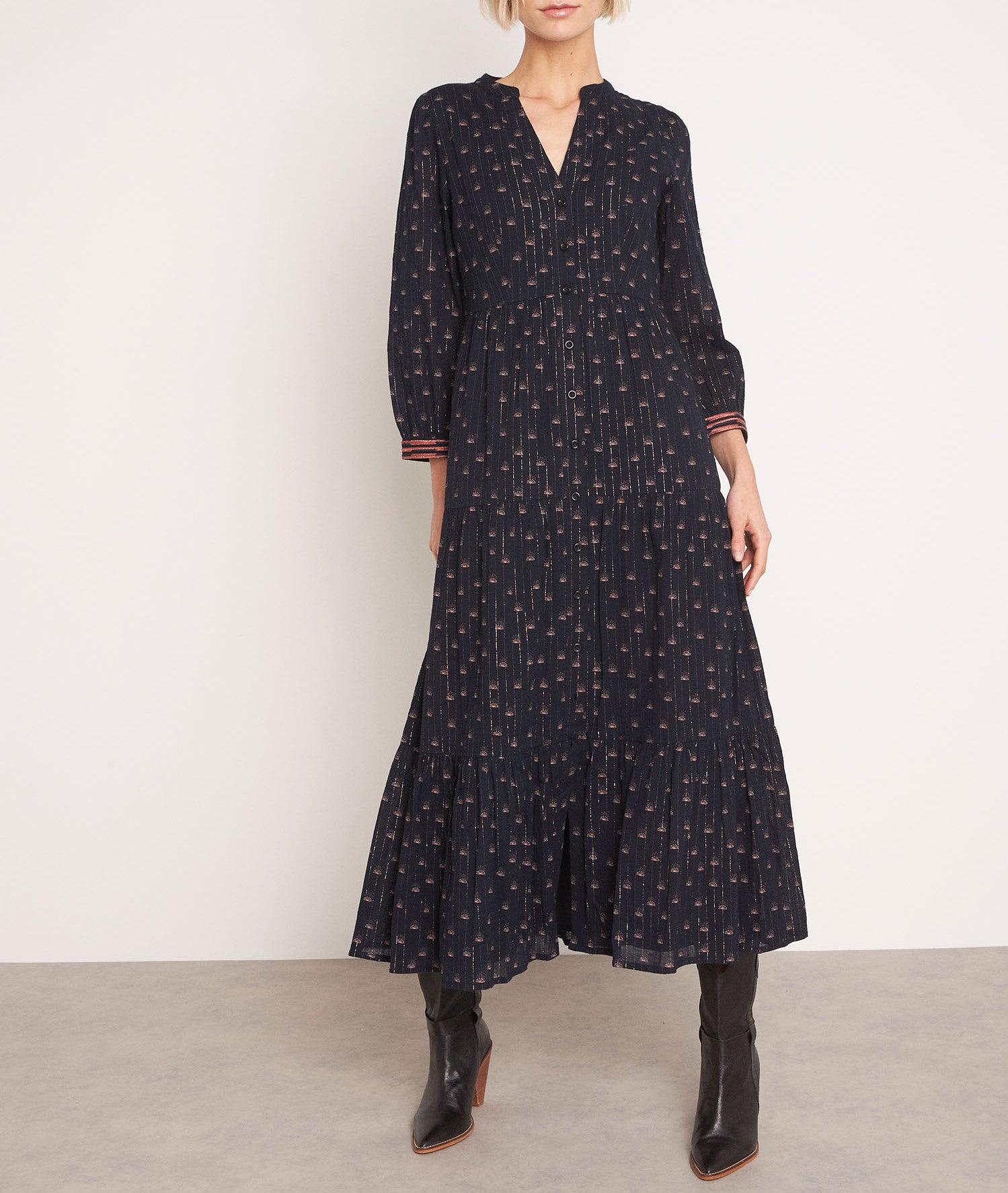 Robe longue imprimée en coton noir Norma Faume - seconde main