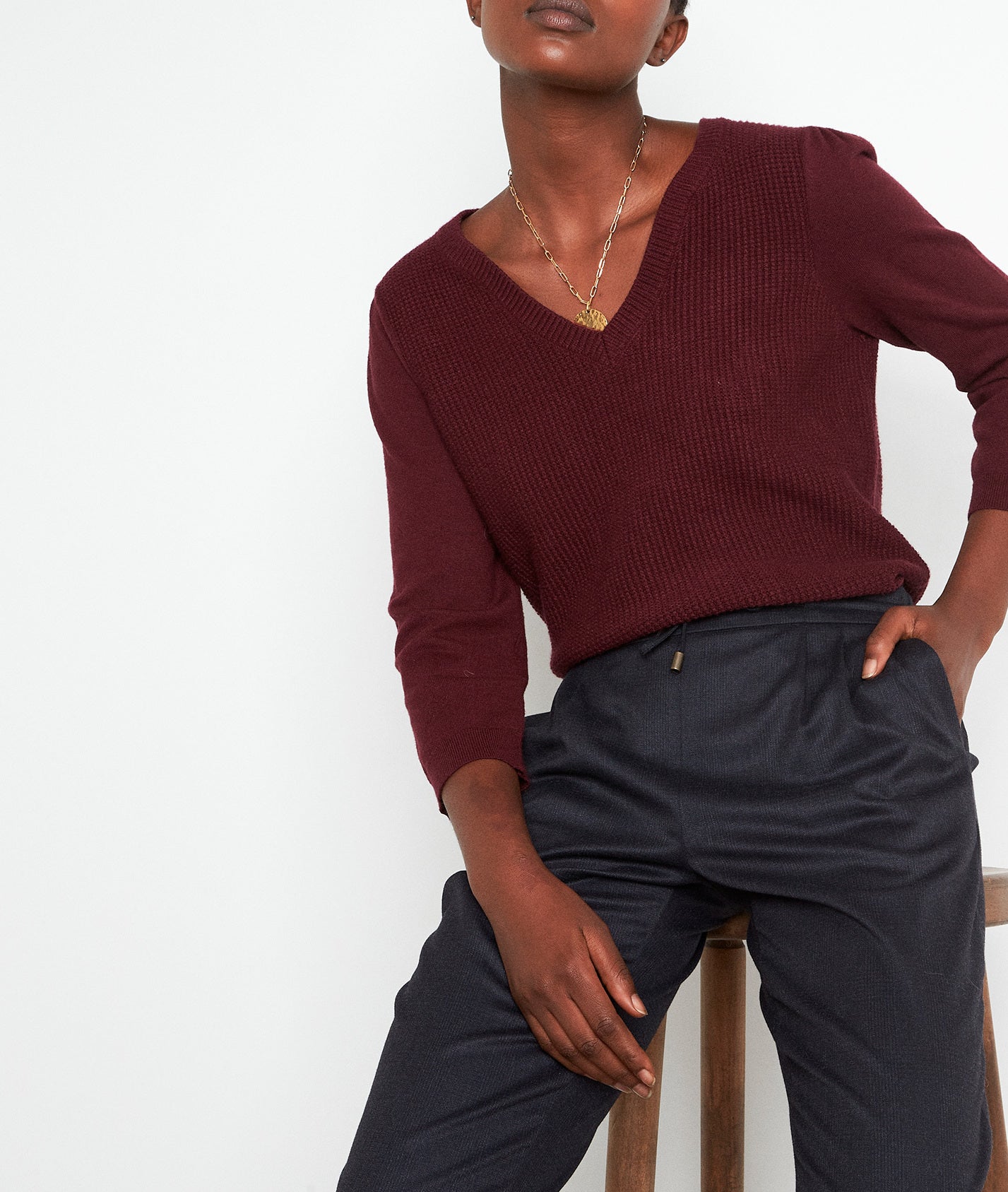 Pull en double maille bordeaux Théa Faume - seconde main