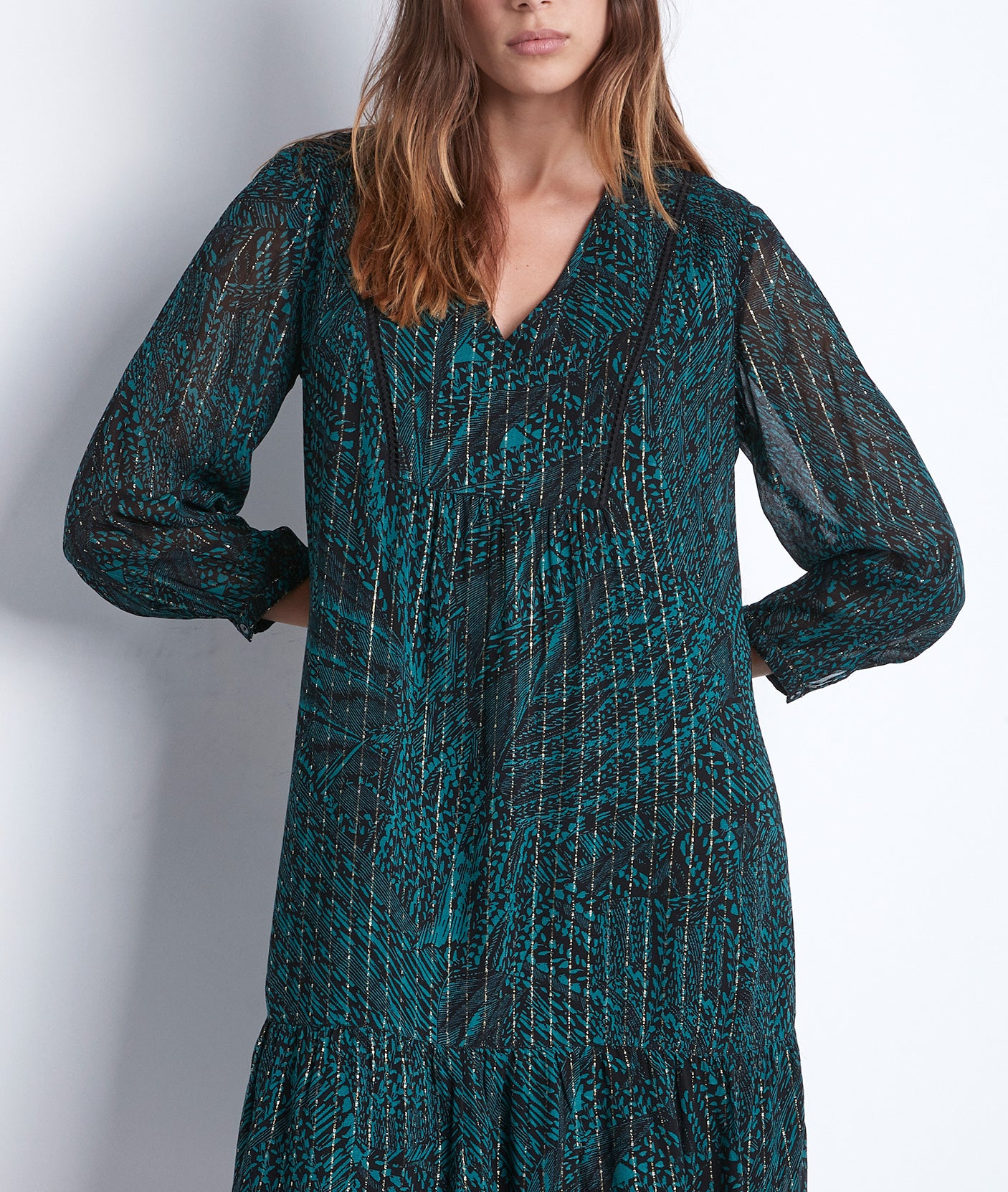 Robe courte et fluide imprimée verte et noire Soraya Faume - seconde main