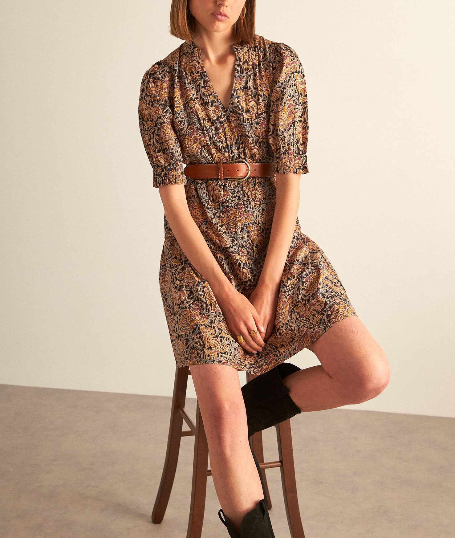 Robe courte en coton imprimé ocre HIVY Faume - seconde main