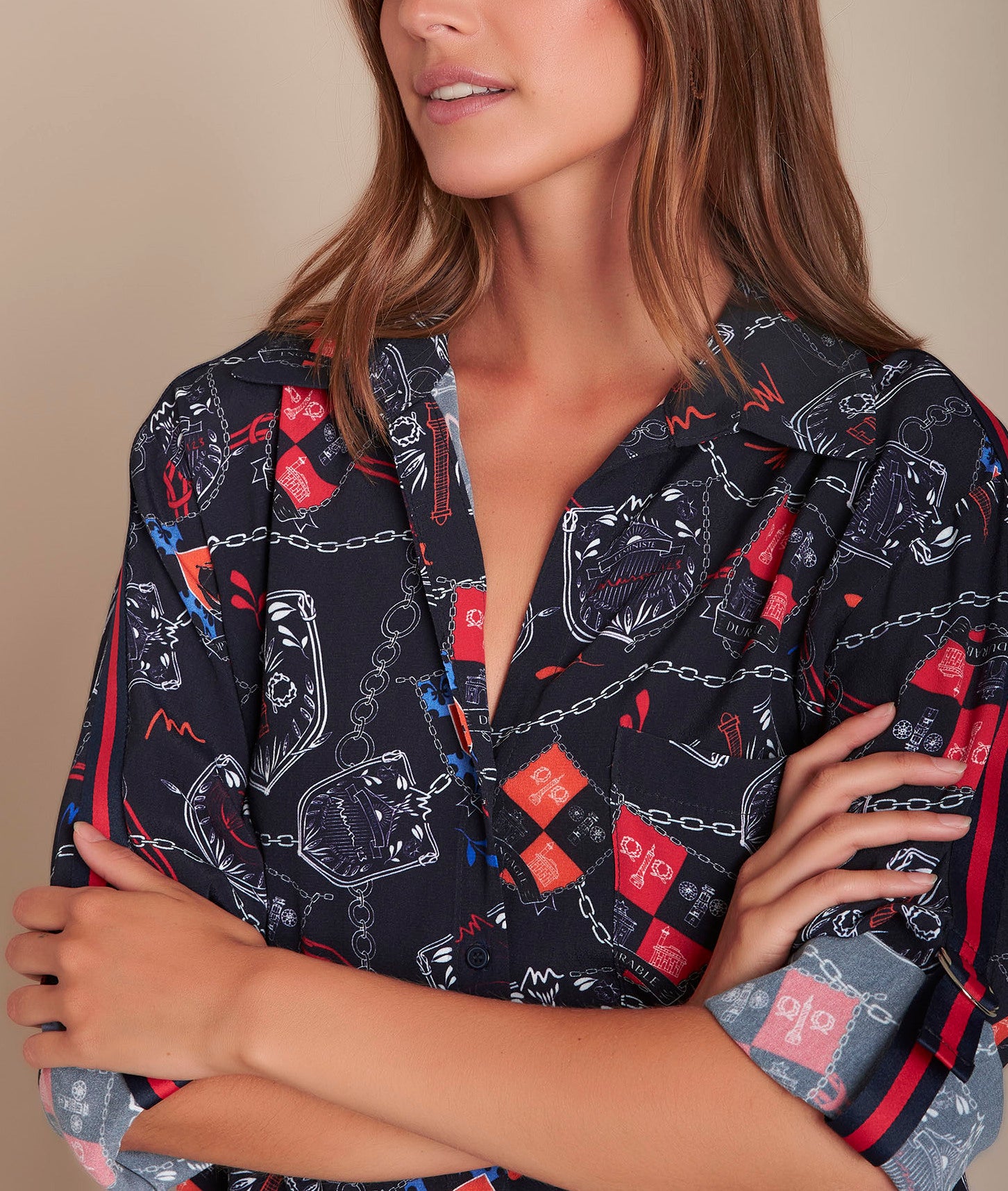 Chemise marine imprimé écussons Cathleen Faume - seconde main