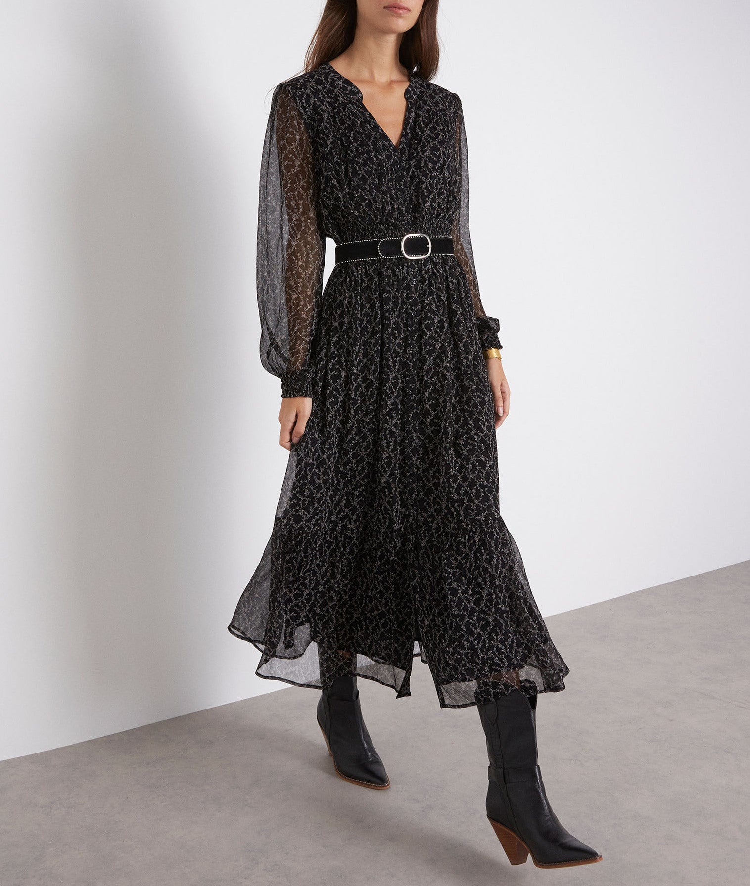 Robe longue boutonnée imprimée noire Seline Faume - seconde main