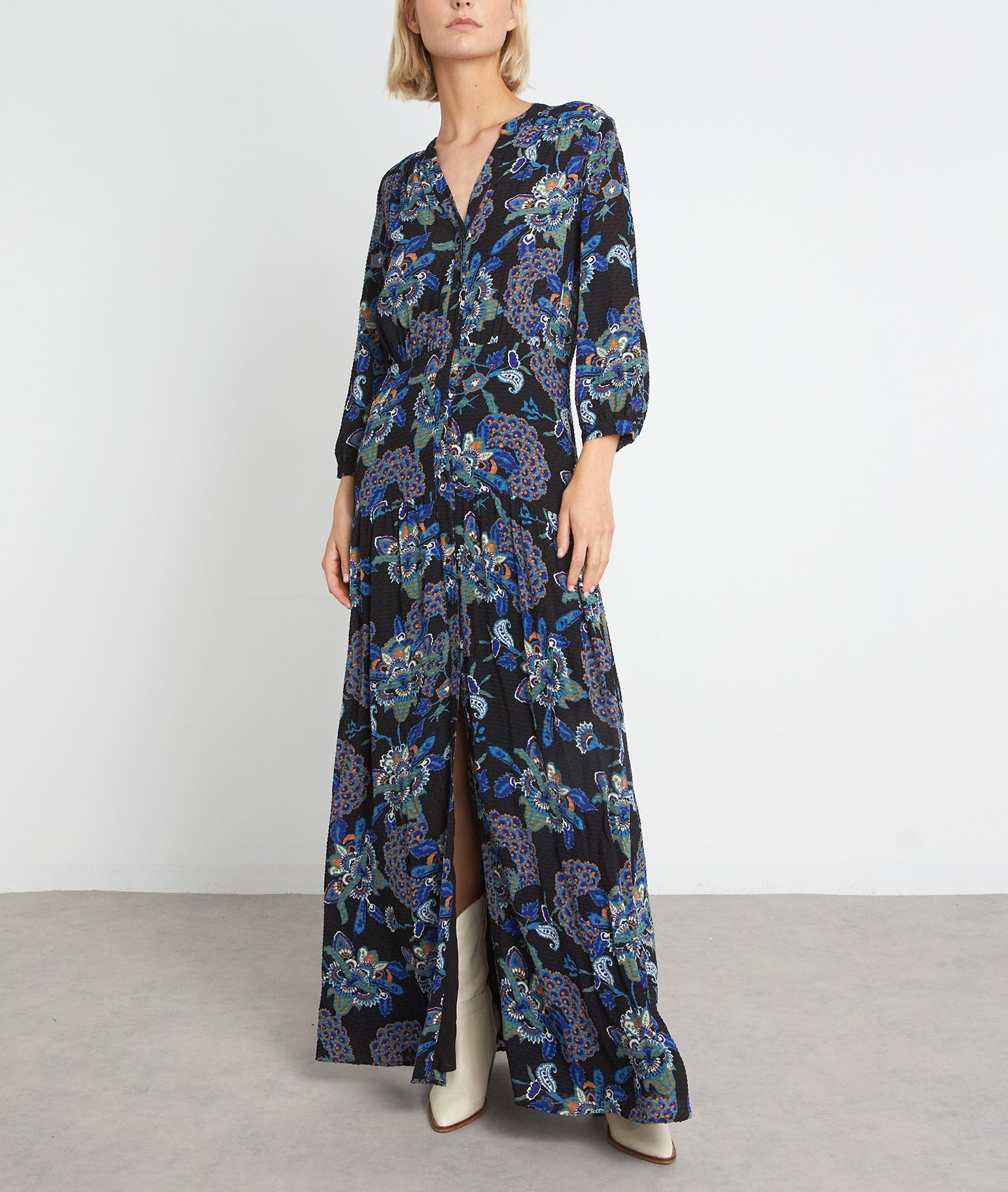 Robe chemise longue à l'imprimé floral bleu Sia Faume - seconde main