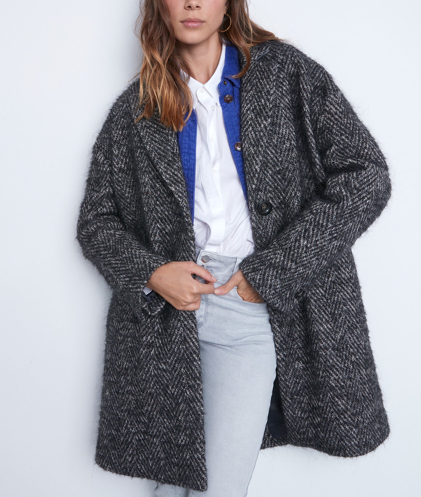 Manteau en laine à chevron gris chiné Lubna Faume - seconde main