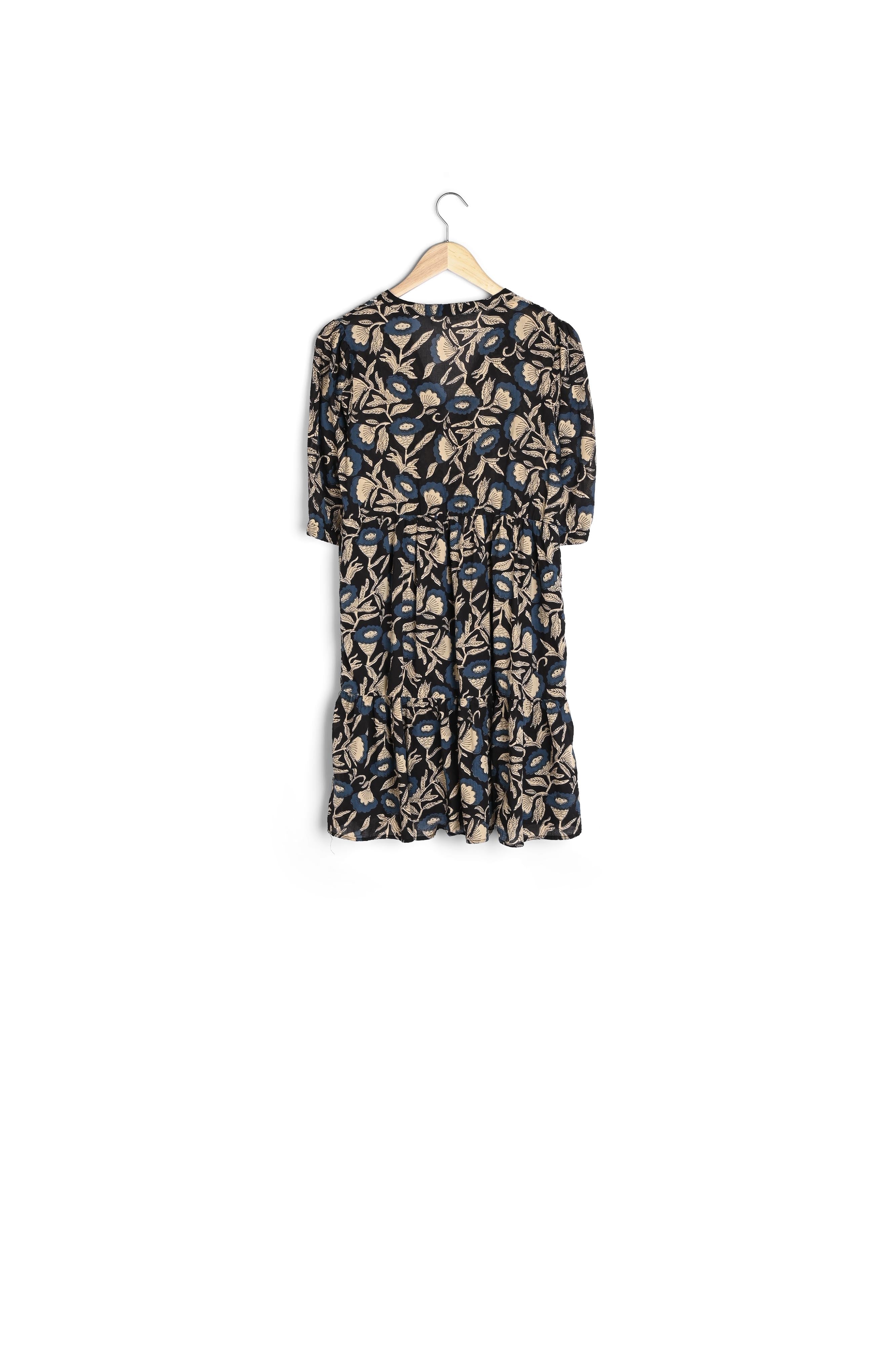 Robe courte en coton imprimé beige, bleu et noir Madeleine Faume - seconde main