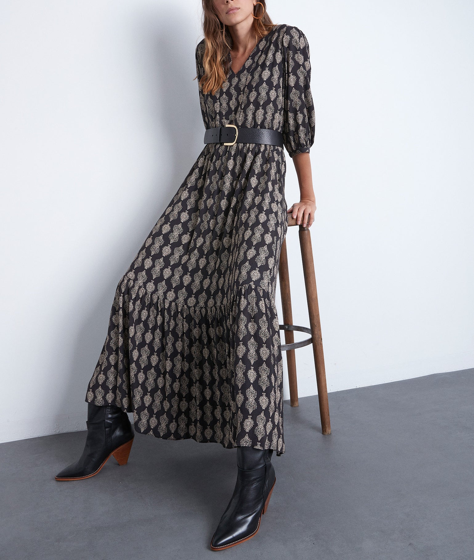 Robe longue fluide imprimée noire et blanche Ludine Faume - seconde main