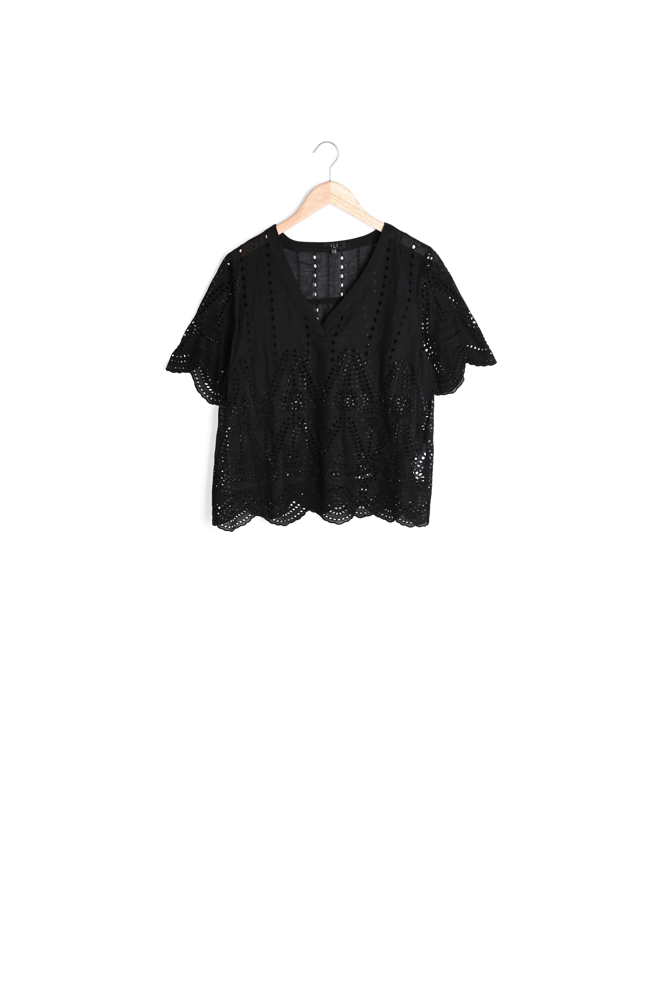 Blouse noire broderie anglaise Voltaire Faume - seconde main
