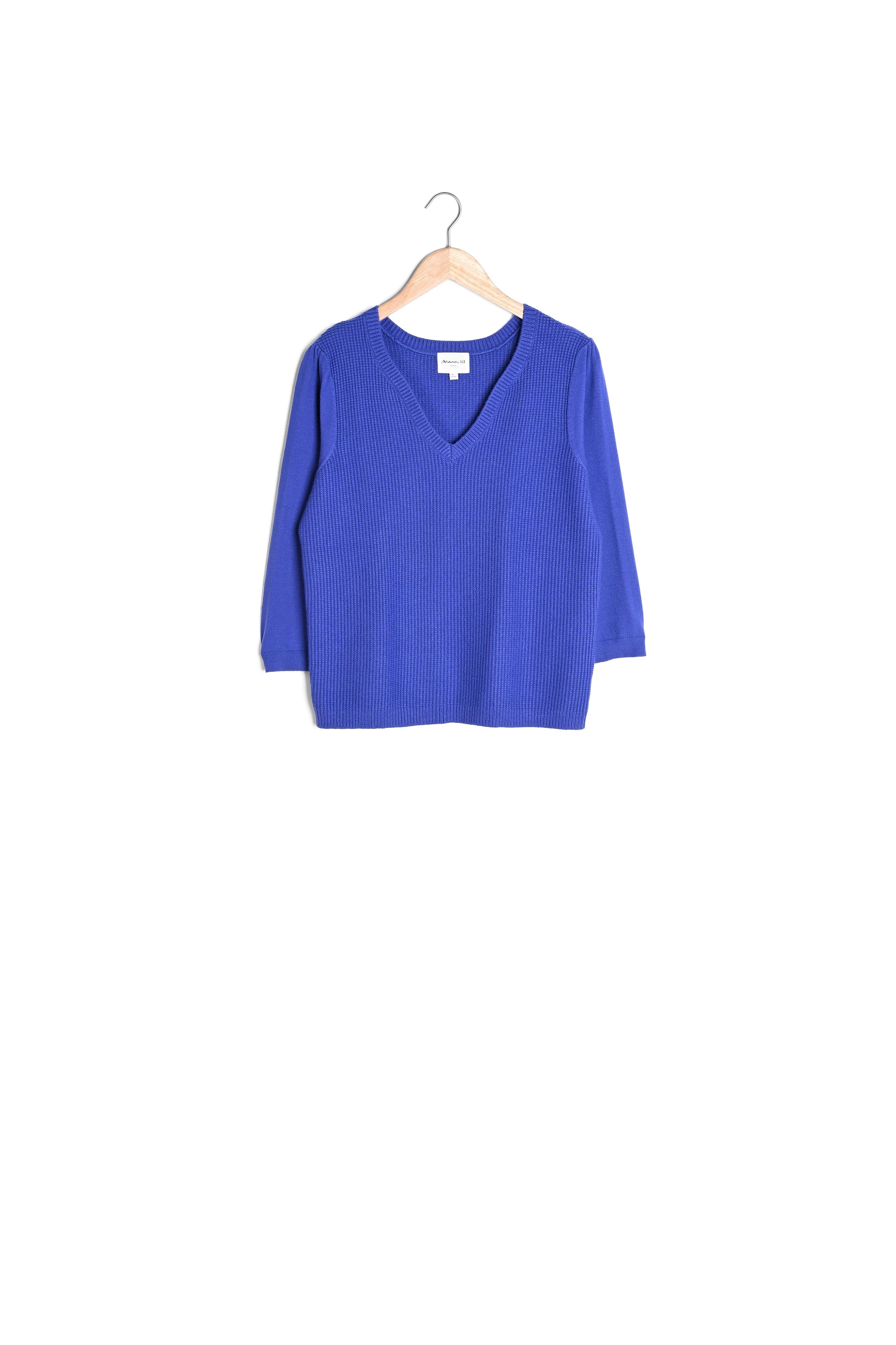 Pull en double maille à col V bleu Théa Faume - seconde main