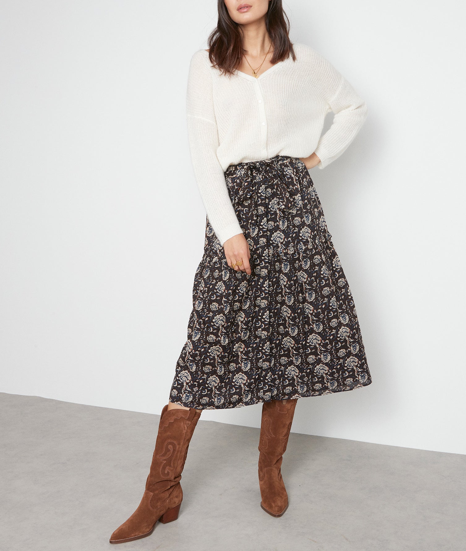 Jupe midi ceinturée imprimée noire Deborah Faume - seconde main