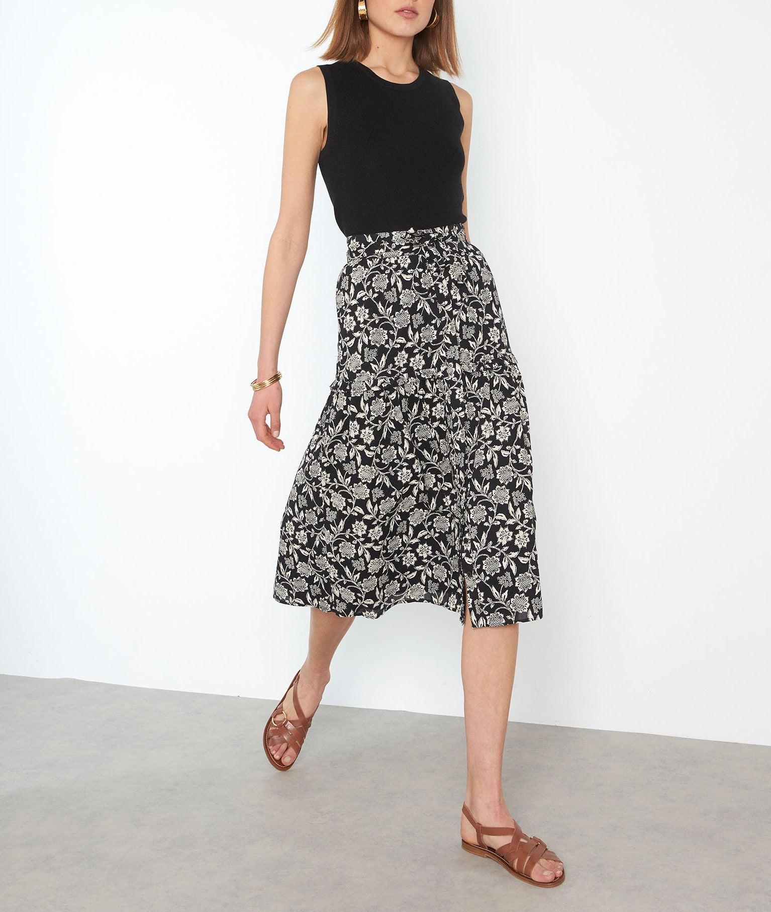 Jupe midi en coton à l'imprimé fleuri noir et blanc Deborah Faume - seconde main