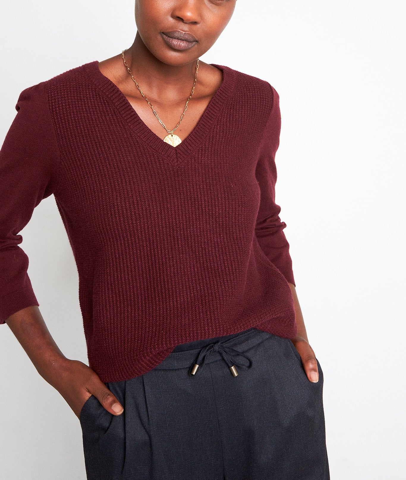 Pull en double maille bordeaux Théa Faume - seconde main