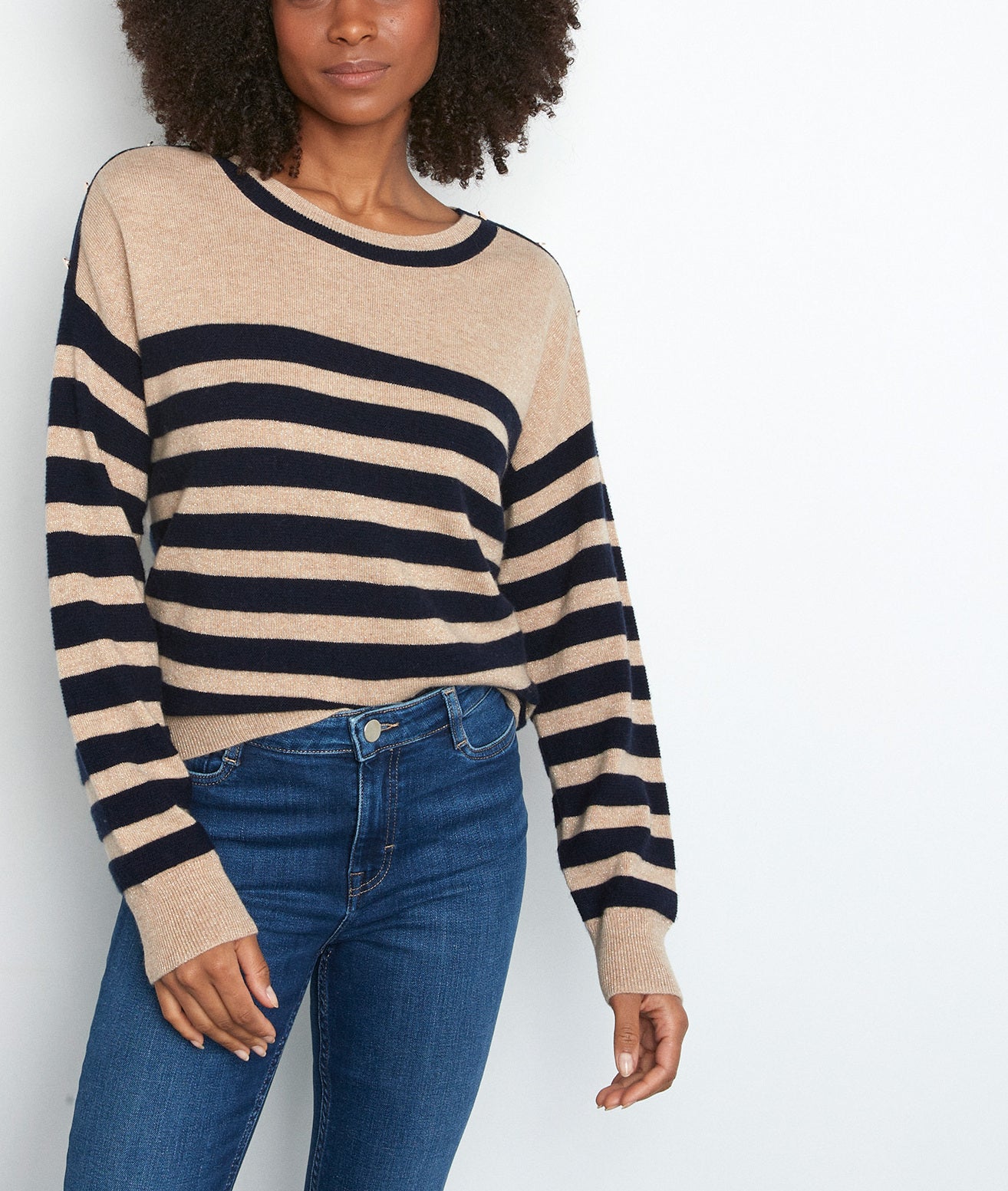 Pull en laine et cachemire rayé beige et bleu Tiffany Faume - seconde main