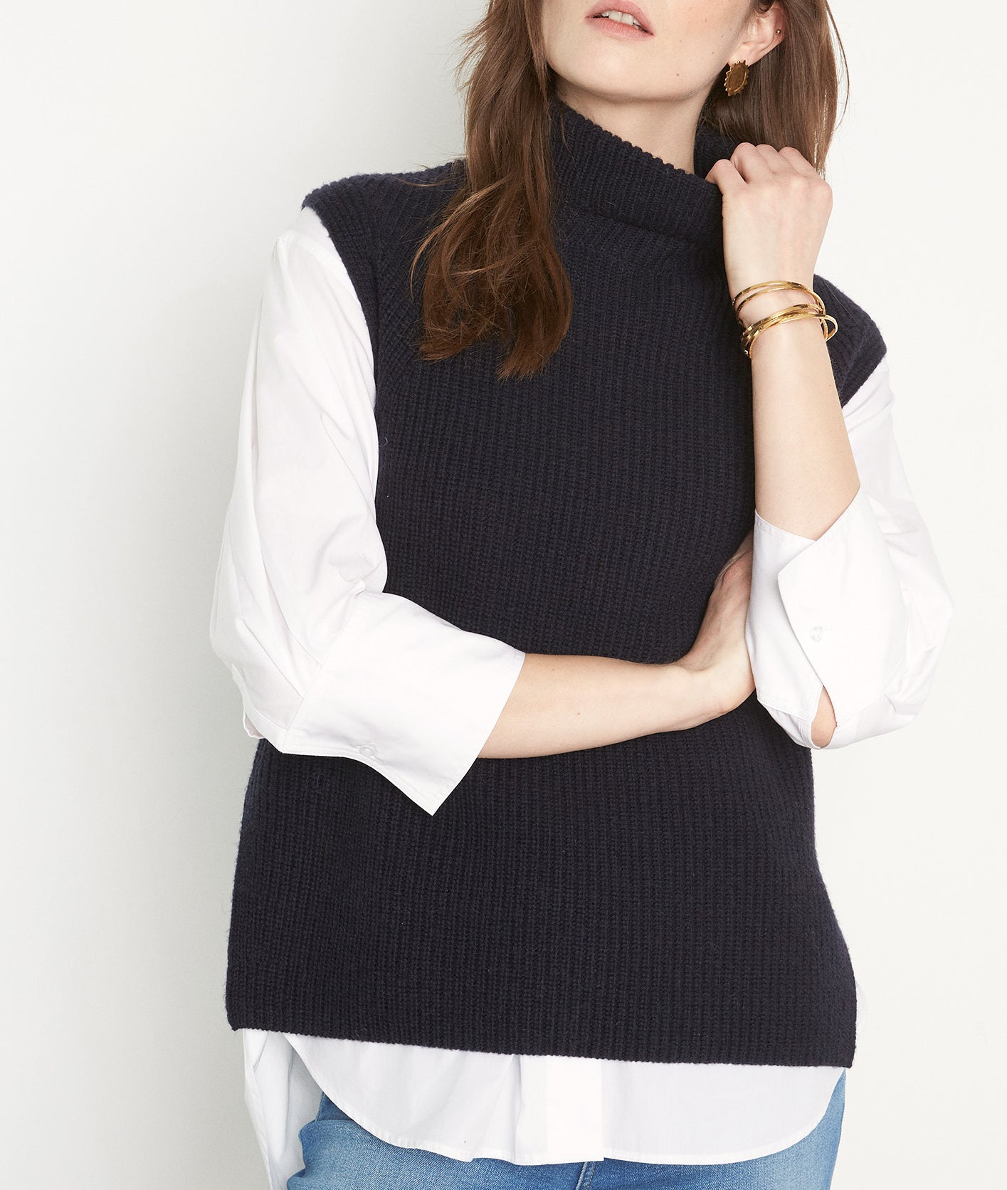 Pull col roulé sans manches bleu marine Twister Faume - seconde main