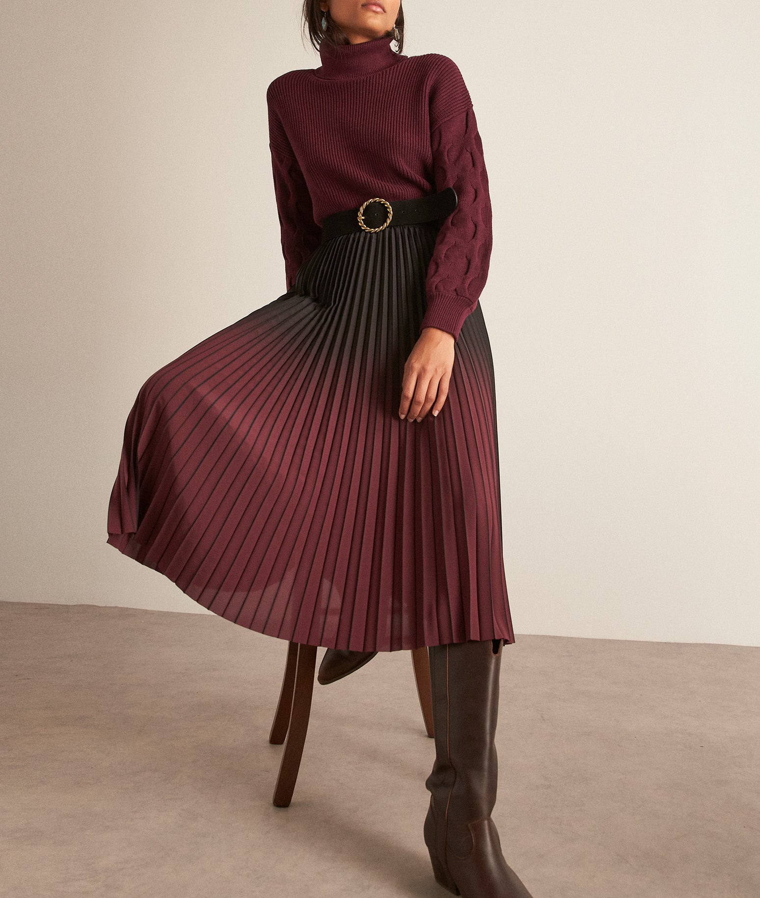 Jupe mi-longue plissée tie and dye bordeaux Fatel Faume - seconde main