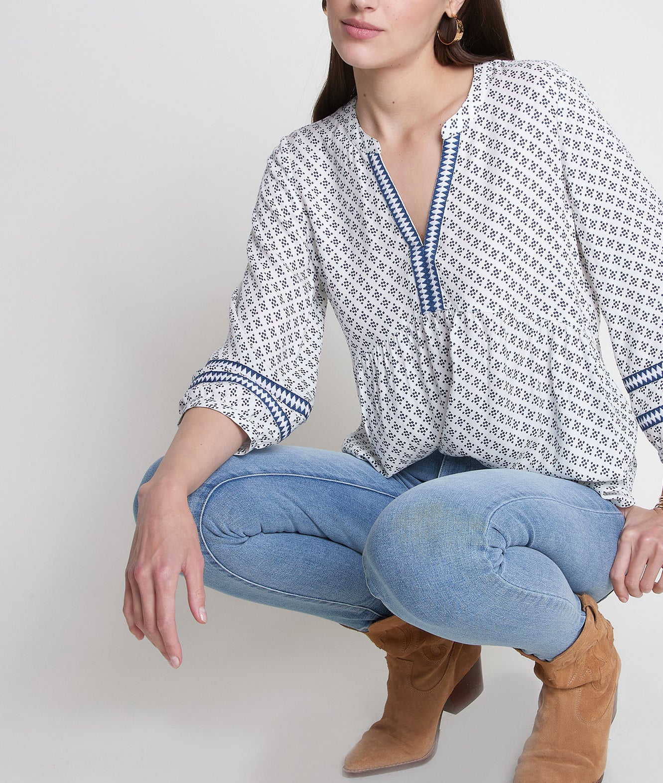 Blouse fluide imprimée et brodée bleue et blanche Amandine Faume - seconde main