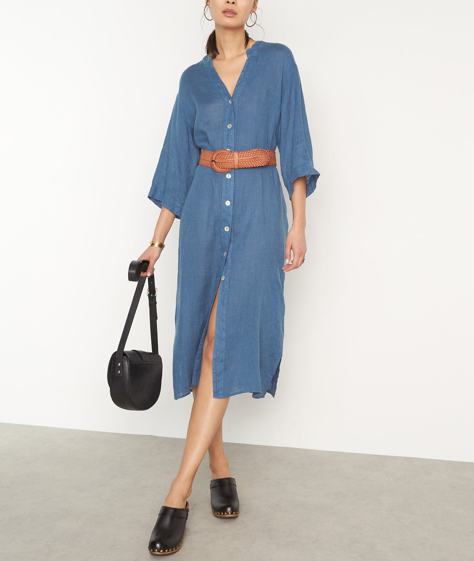 Robe longue boutonnée en lin bleu Hajar Faume - seconde main