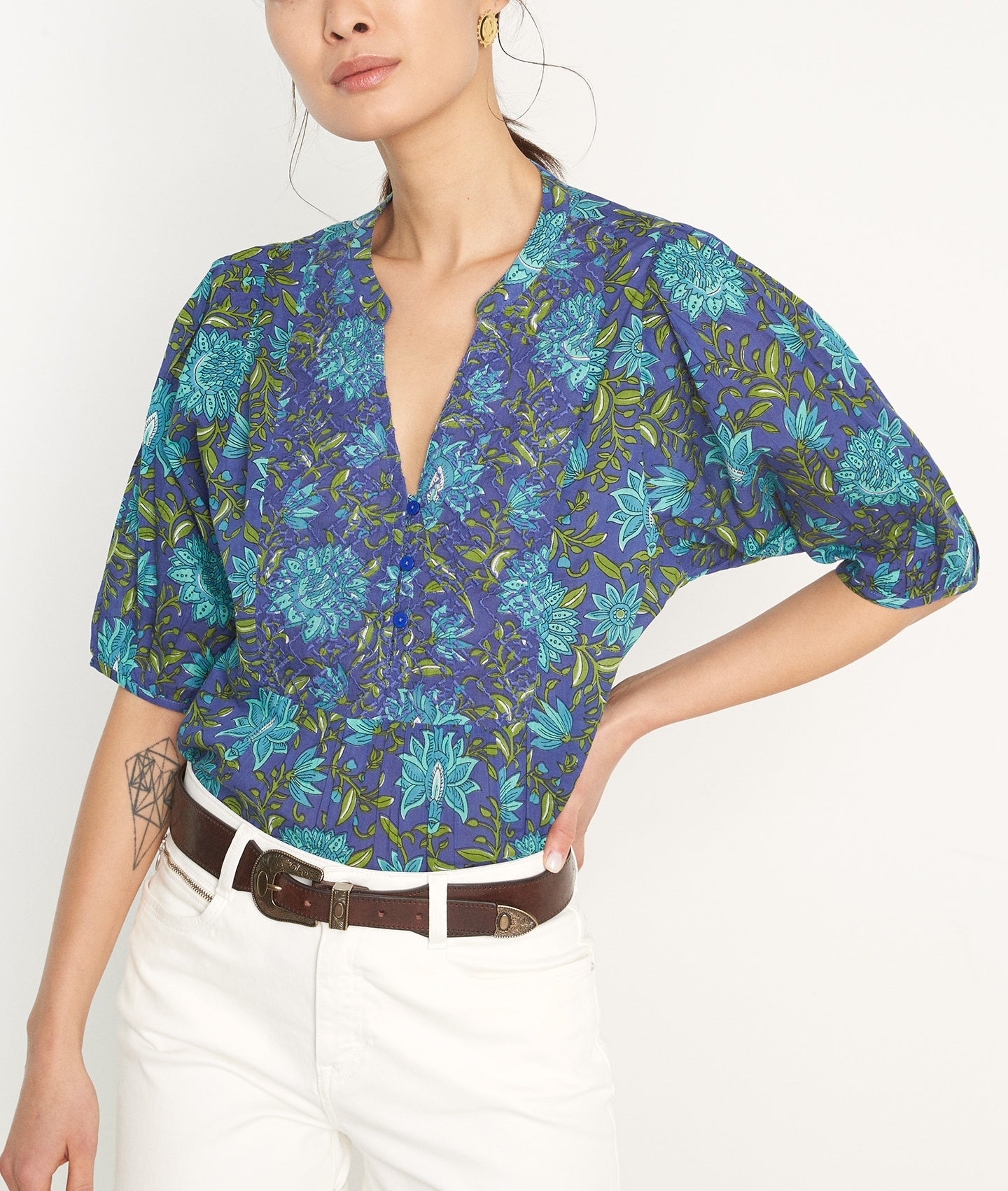 Blouse à manches ballons en coton imprimé bleu Christina Faume - seconde main