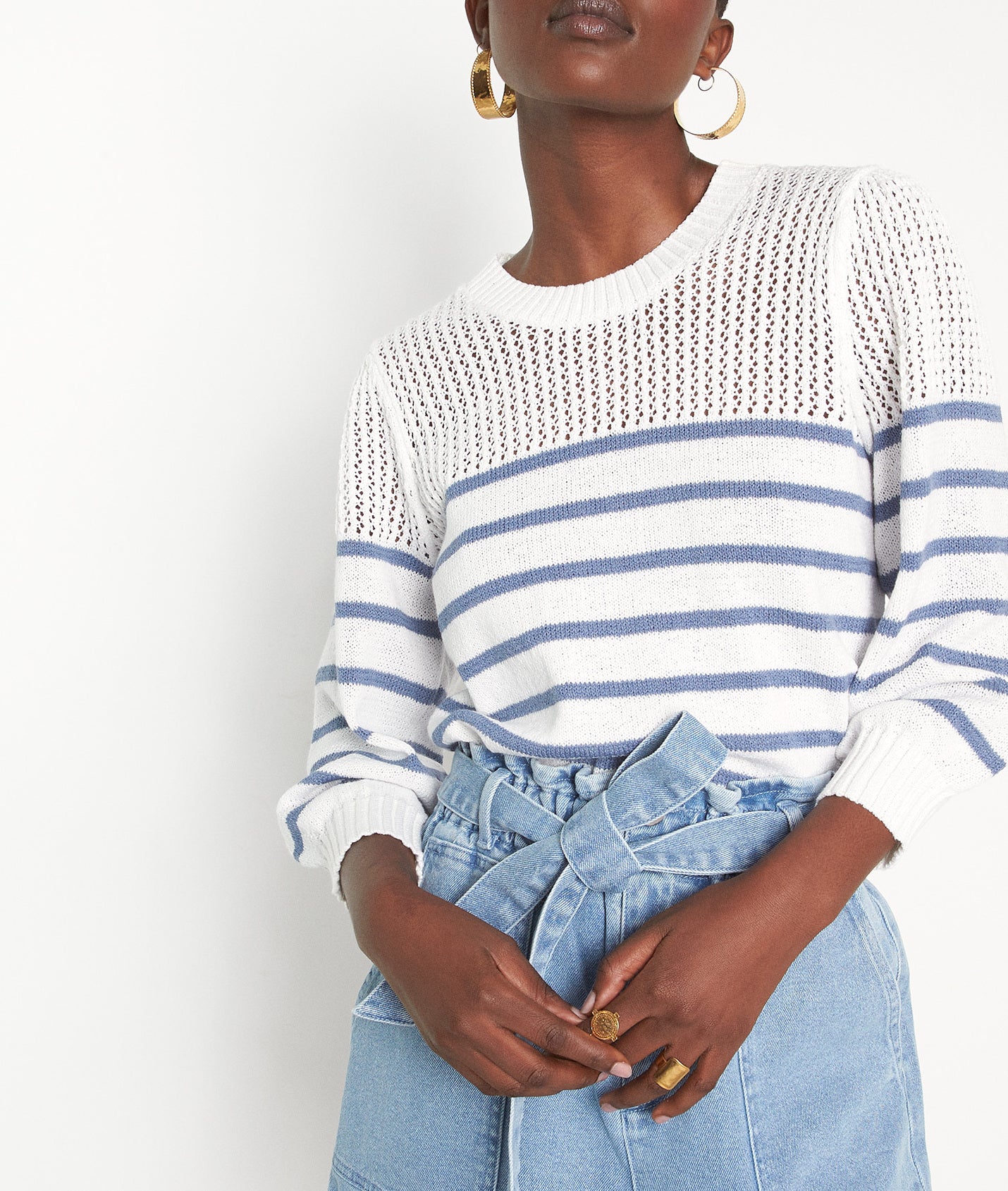 Pull rayé en maille ajourée blanc Pretty Faume - seconde main