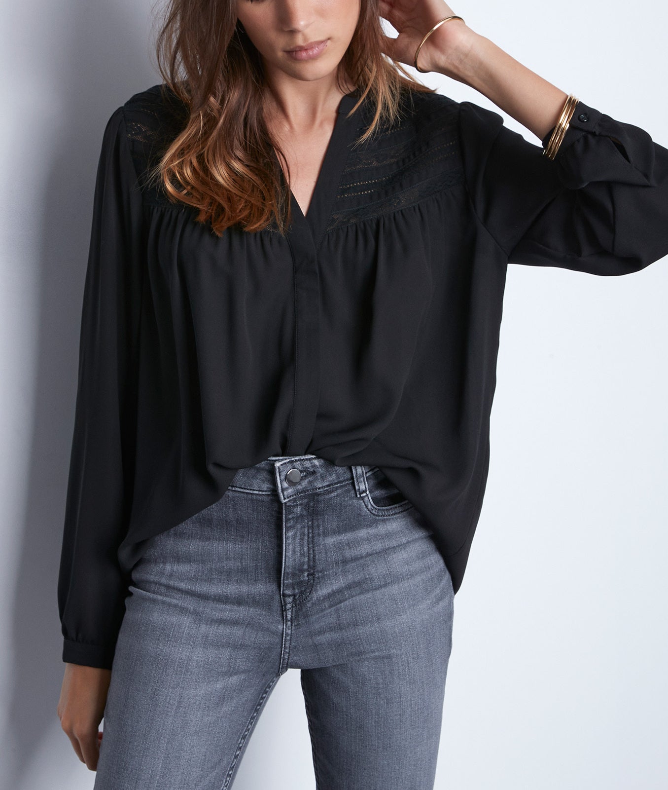 Blouse fluide avec incrustations de dentelle noir Annabelle Faume - seconde main