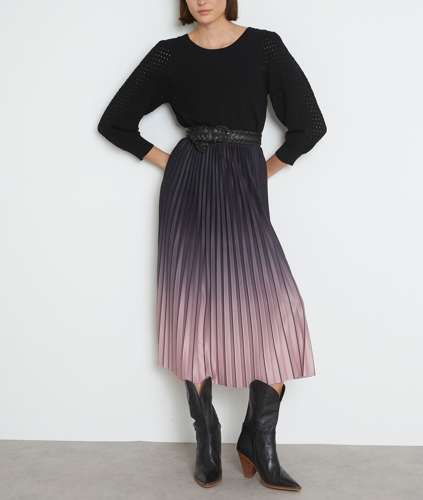 Jupe mi-longue plissée tie and dye mauve Elara Faume - seconde main