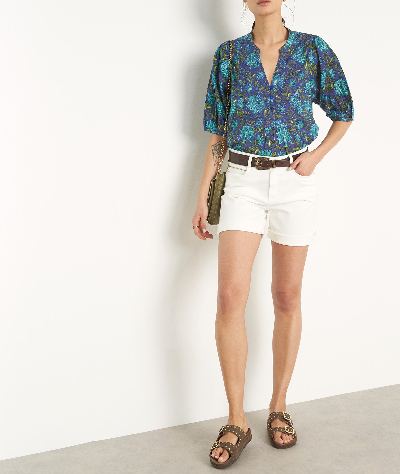 Blouse à manches ballons en coton imprimé bleu Christina Faume - seconde main