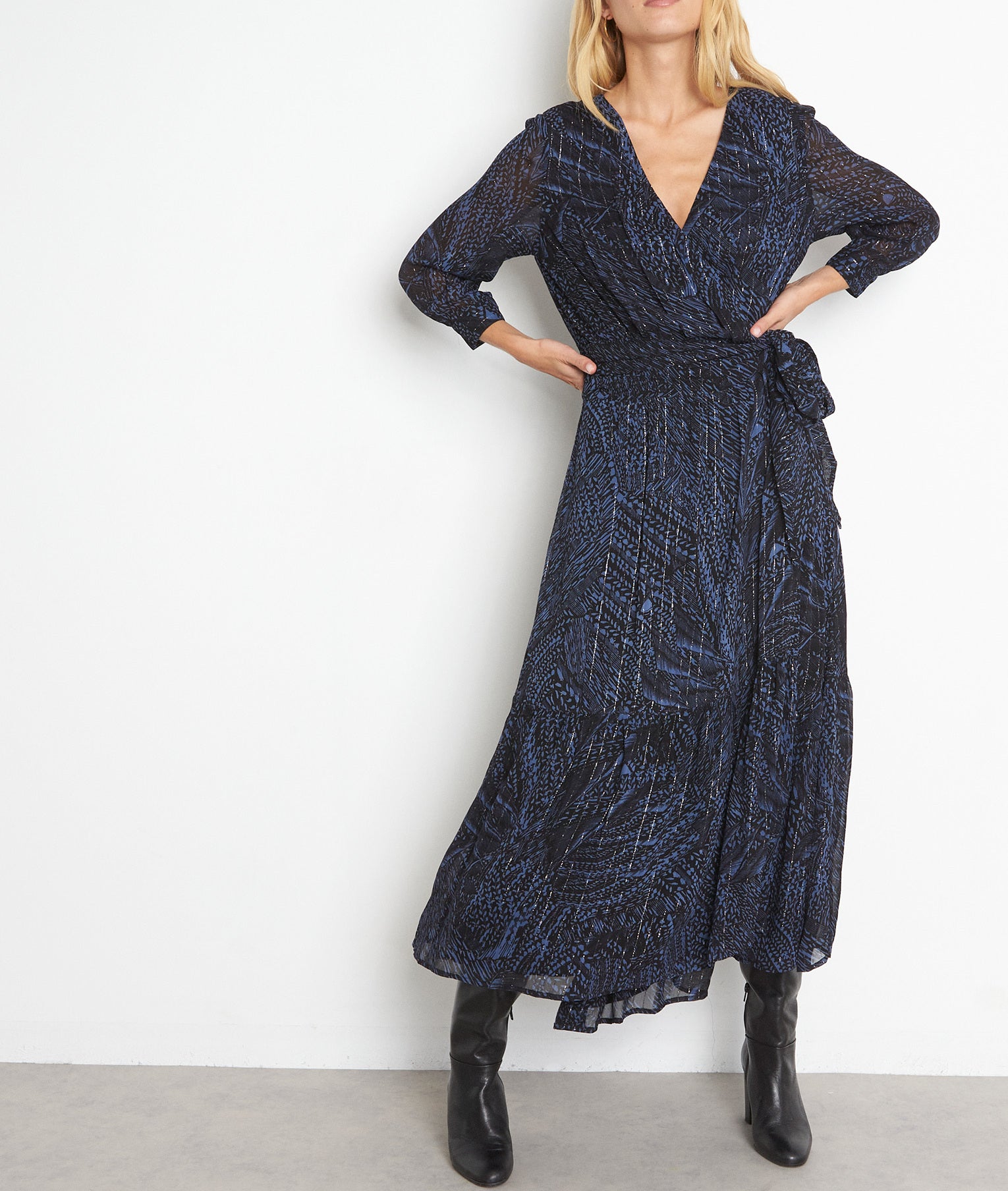 Robe longue cache-coeur imprimée marine et noire Liberty Faume - seconde main